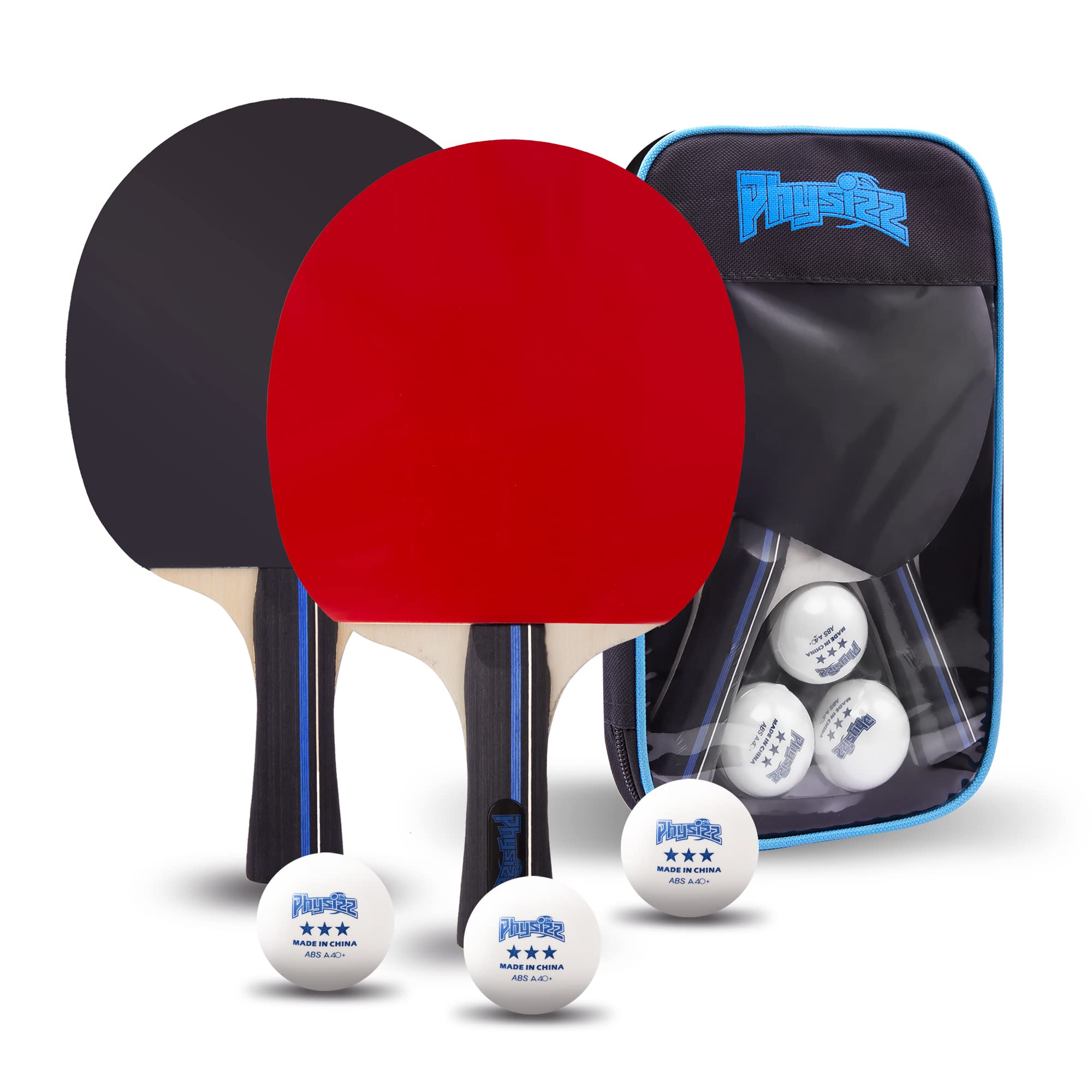 Table Tennis Paddle Set, PHYSIZZ Ping Pong Paddles Set of 2 Table Tennis Rackets, 3 ABS Pingpong Balls (3-Star) and Storage Bag - Professional Ping Pong Accessories, Home Outdoor or Indoor Plays