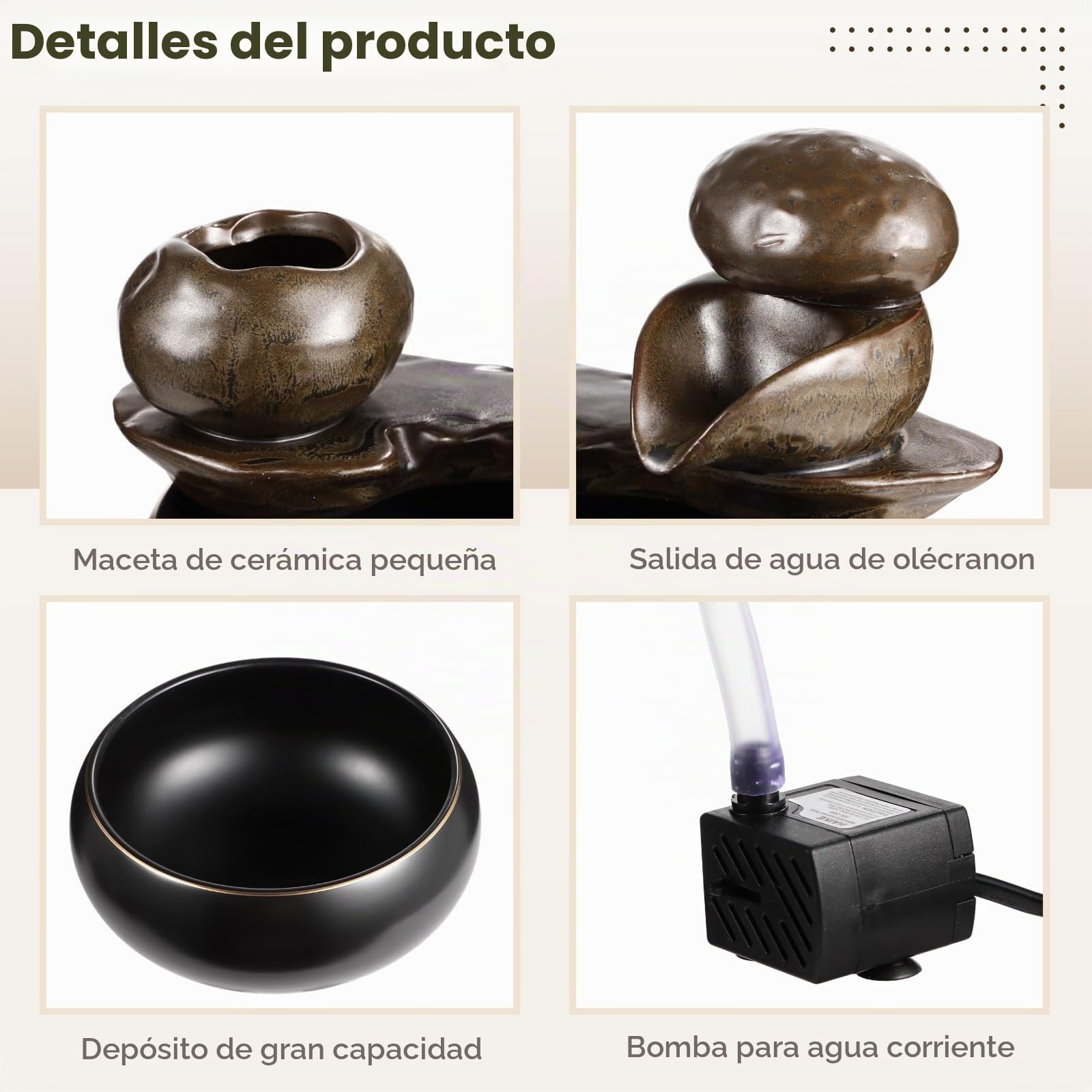 Fuente de mesa de cerámica con elemento de agua de piedra – Fuente de mesa negra brillante con diseño natural, decoración de oficina silenciosa para relajarse en casa y oficina'