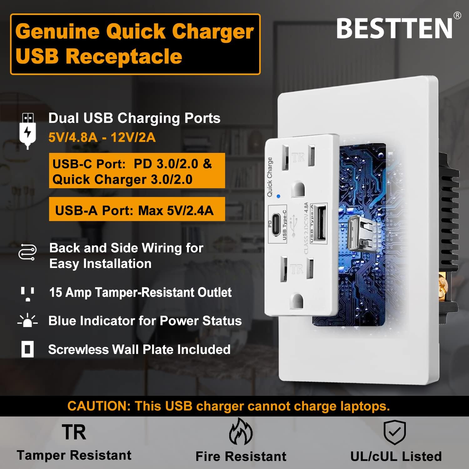 [5 Pack] BESTTEN 24W/4.8A PD 3.0 & Quick Charger 3.0 Genuine USB Outlet, Type C USB Receptacle Outlet, 15A Tamper Resistant Receptacle, UL Listed, White
