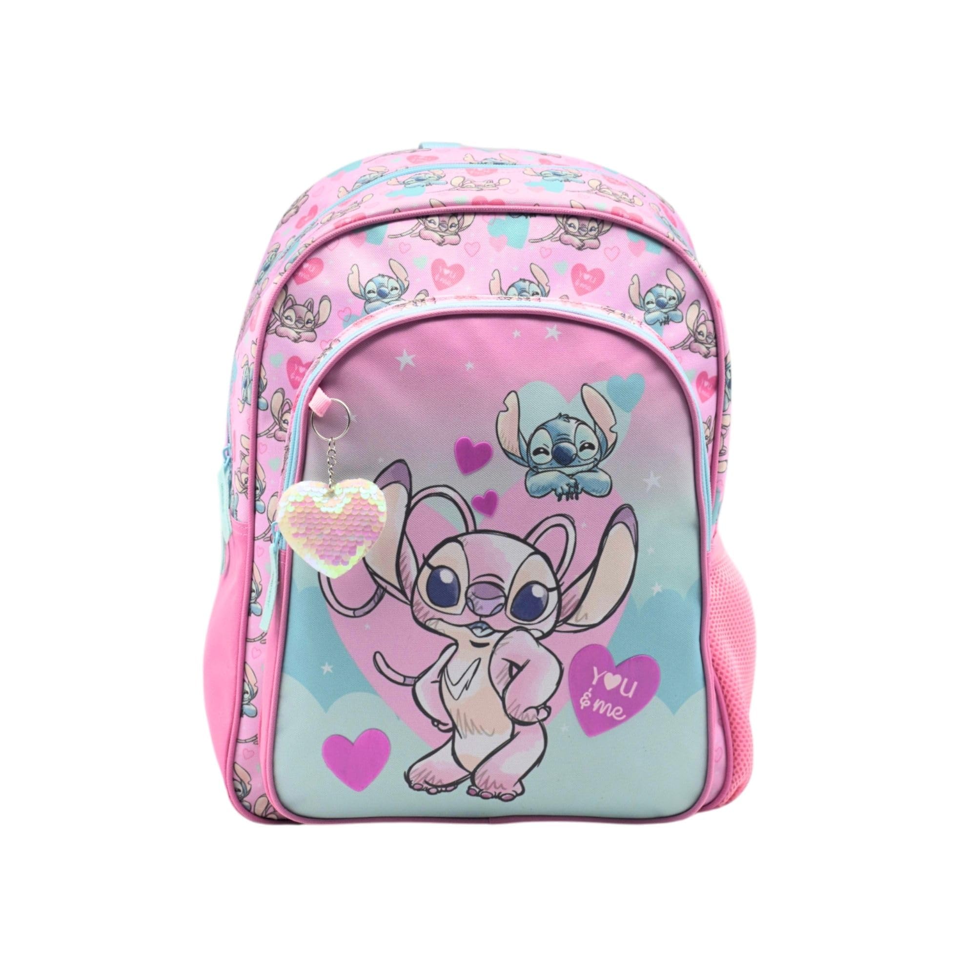 Mochila Escolar Angel & Stitch - Doble Compartimento - CON ACCESORIO CORAZON + CARRO NEGRO TOYBAGS CON PROTECCION LATERAL Y STOPER FRONTAL 4 ruedas giratorias - 44.5 X 32 X 21 CM