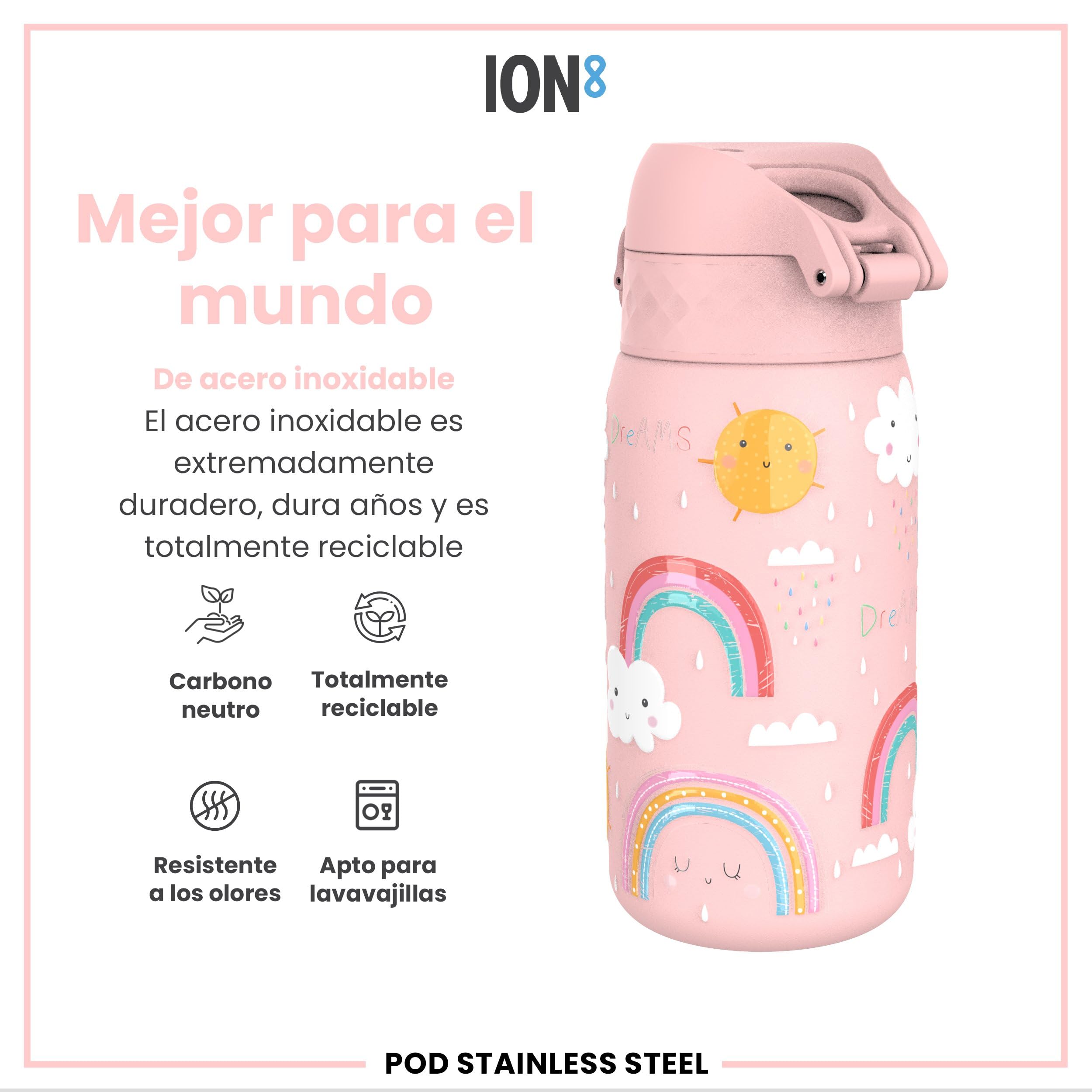 ion8 Botella Agua Inox Ligero para Niños, 400ml, Sin Aislamiento, a Prueba de Fugas, Fácil de Abrir, Cerradura Segura, Apta para Lavavajillas, Tapa Abatible, Fácil de Limpiar, Arcoíris