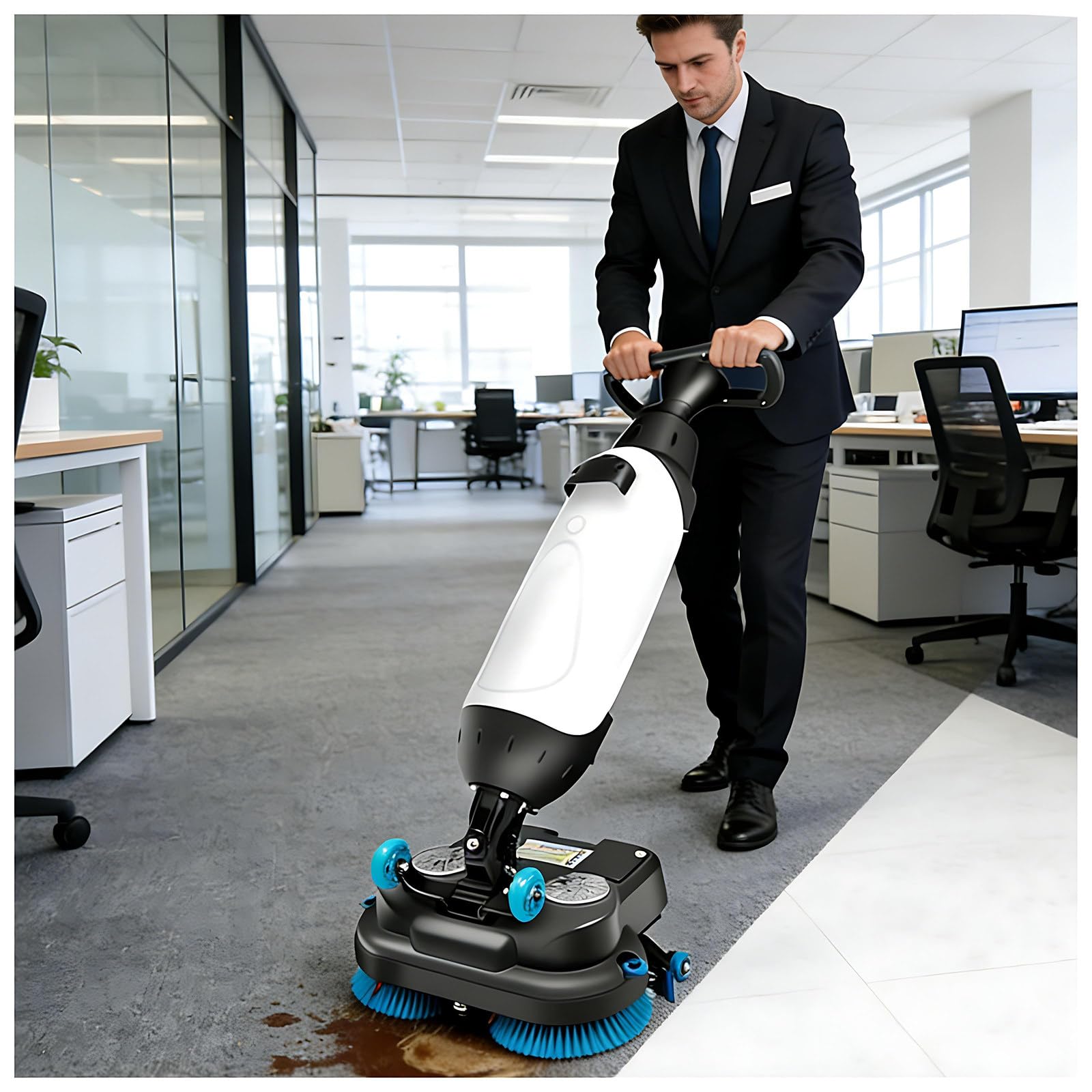 Generic Commercial Floor Scrubber demonstrating suction, mopping, and washing capabilities on various surfaces.