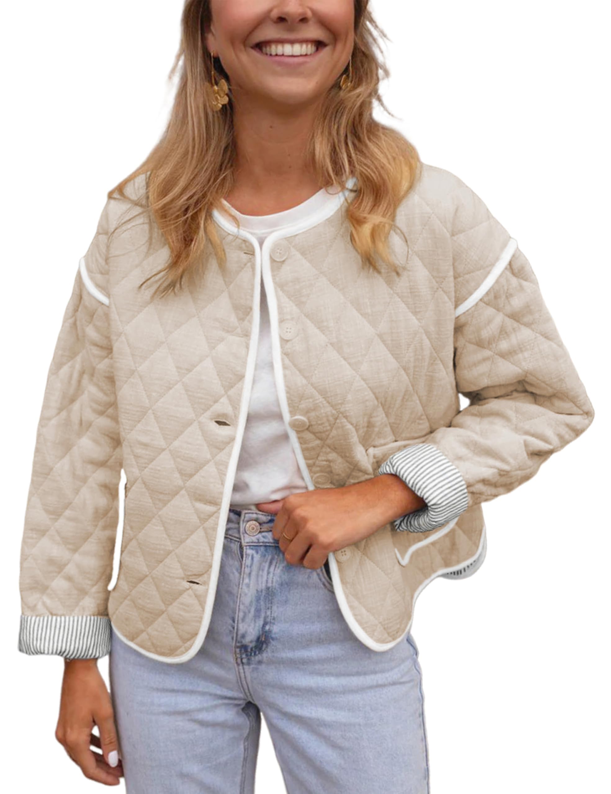 SpringrainWomen's Quilted Lightweight Jackets Casual Long Sleeve Button Down Puffer Coat with Pockets