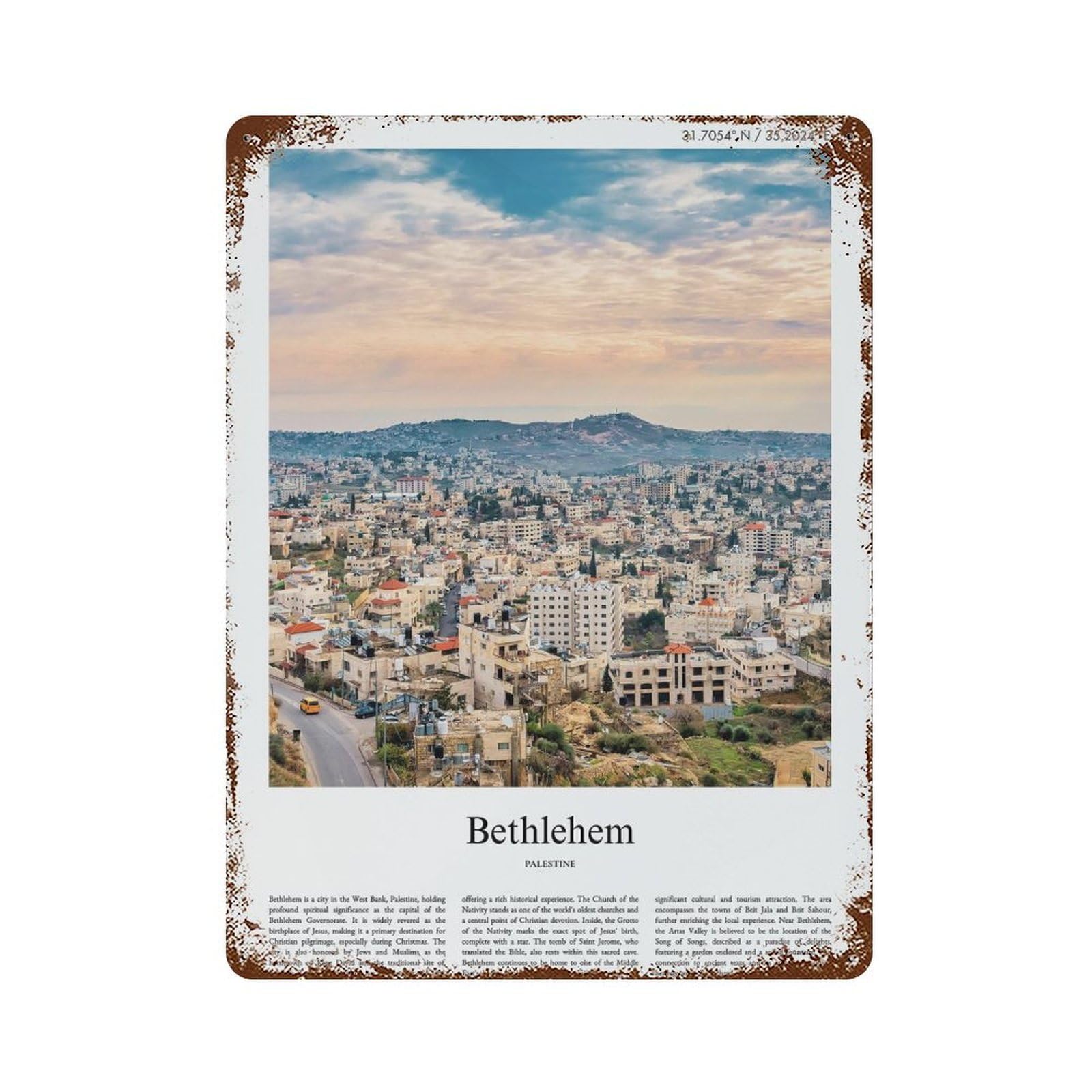 xiaoxiaoshen Bethlehem Palestine City Scenery Wall Decor Art Metal Tin Poster Modern Home Decor Art Home Bar Shop Decorations Vintage Sign 40x30cm