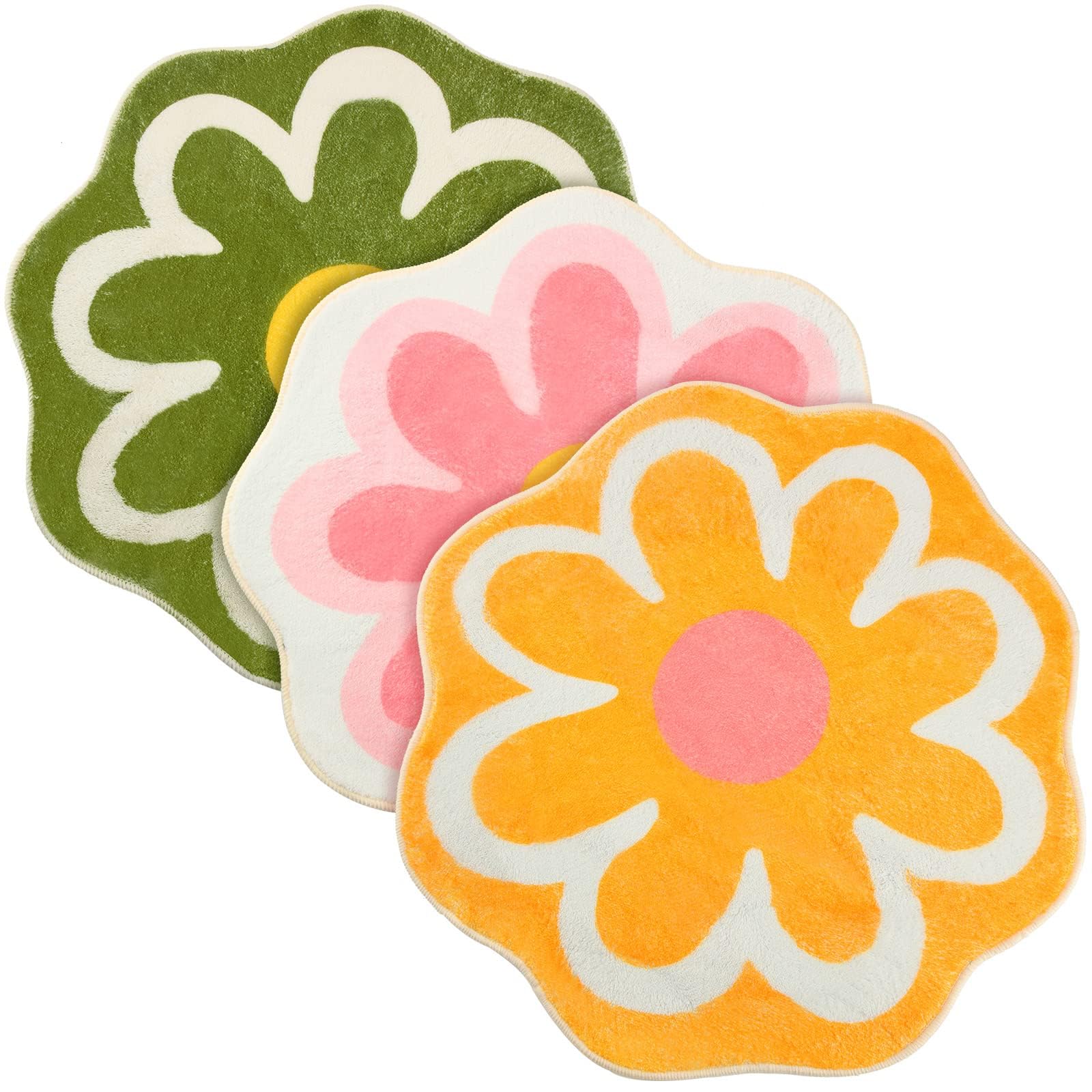TERRIFI 3 Pcs Daisy Cute Bath Mat Flower Shaped,Fun Toilet Rug Cute Bathroom Rugs,Non-Slip, Absorbent, Washable for Kids' Bedrooms- 23.6 x 23.6'' - 3 Colors