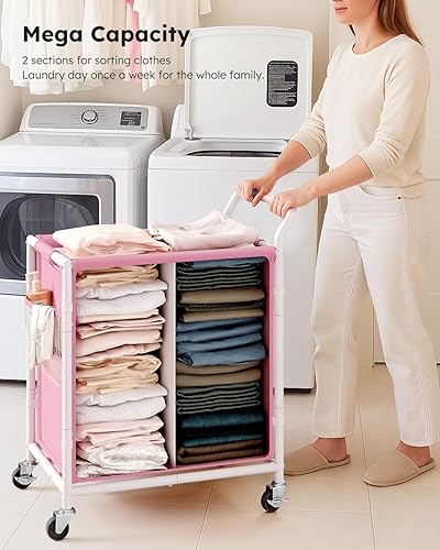 Miniatura 10 de SOLEDI Cesta doble para la ropa sucia con ruedas, 36 galones (135 litros), cesta grande de 2 secciones, marco de metal resistente con asa, carrito