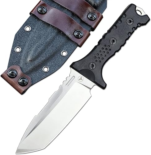 LENGREN Hippo Sleipner - Hoja fija de acero de 11 pulgadas, cuchillo táctico de campamento al aire libre, mango de lino con funda Kydex (negro y