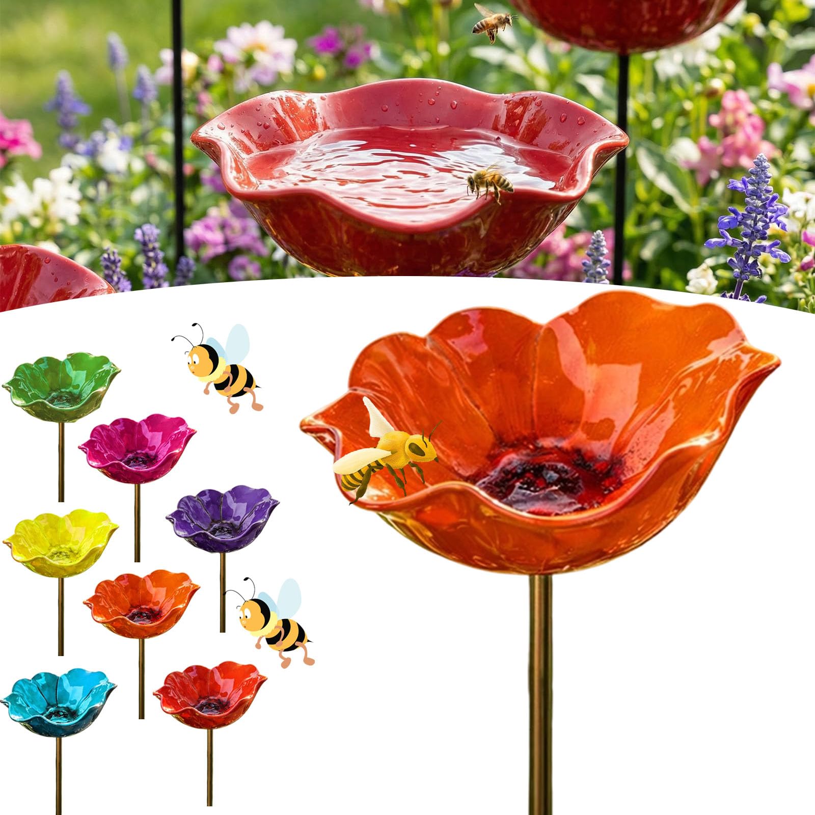Flower Bee Watering Station, Handmade Metal Ceramic Flowers Bee Bath for Garden, 60cm Metal Bee Water Feeder, Stake Bird Bath for Yard Decor, Decorative Garden Stakes (1PC-D)