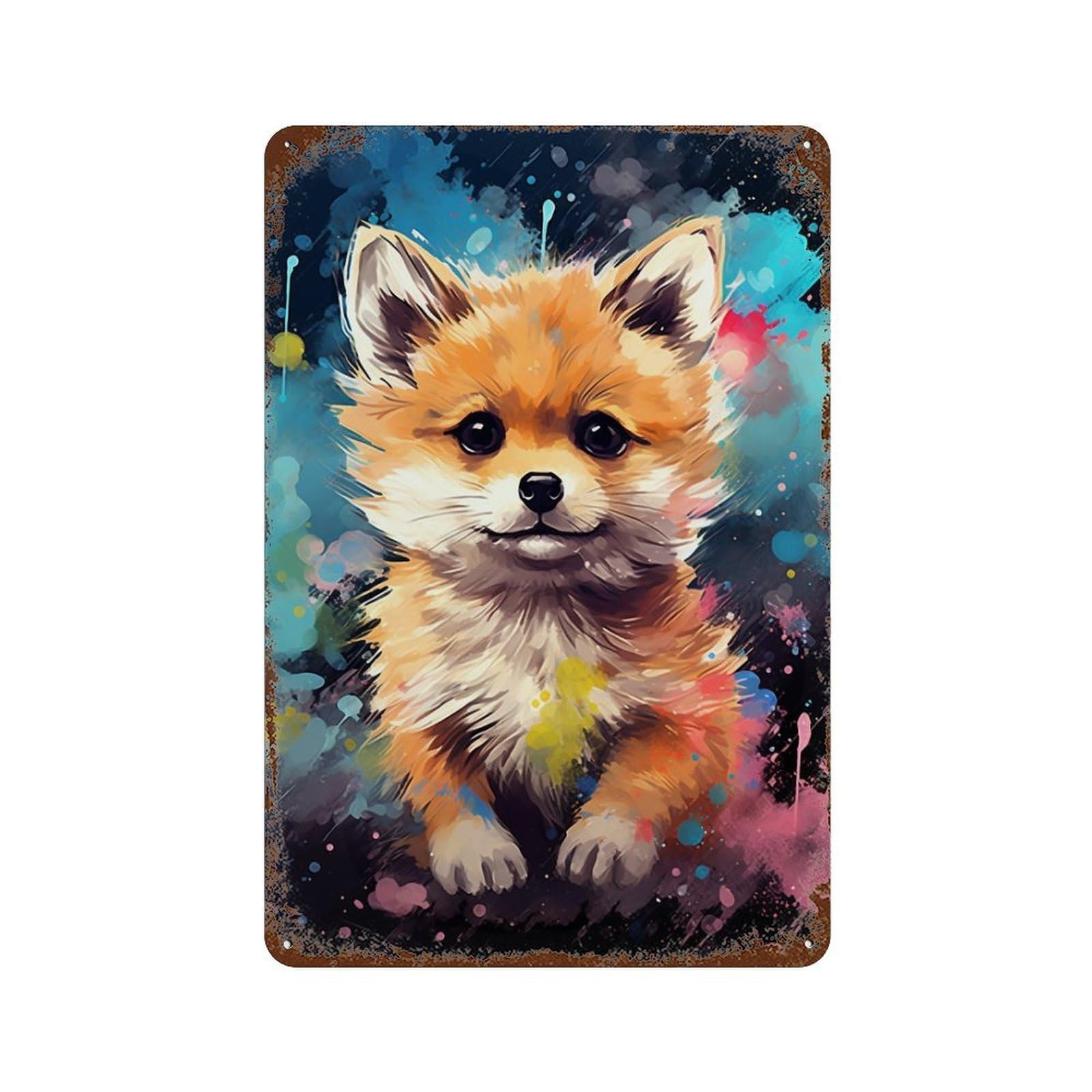 Colorful Fox Painting Retro Metal Sign 11.8"x7.9", Vintage Wall Decor for Bistro, Counter And Cafe Decor