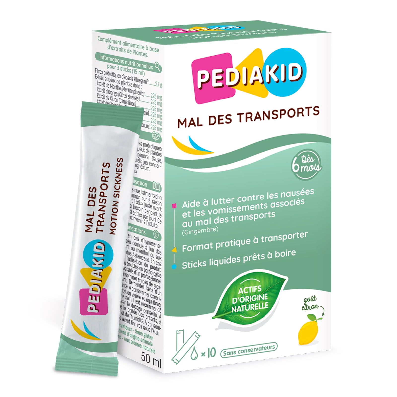 PEDIAKID - Mal des Transports - Complément Alimentaire aux extraits de plantes & fibres - Aide à lutter contre les nausées/​vomissements - Sirop d'Agave + Prébiotiques - 10 sticks prêts à boire