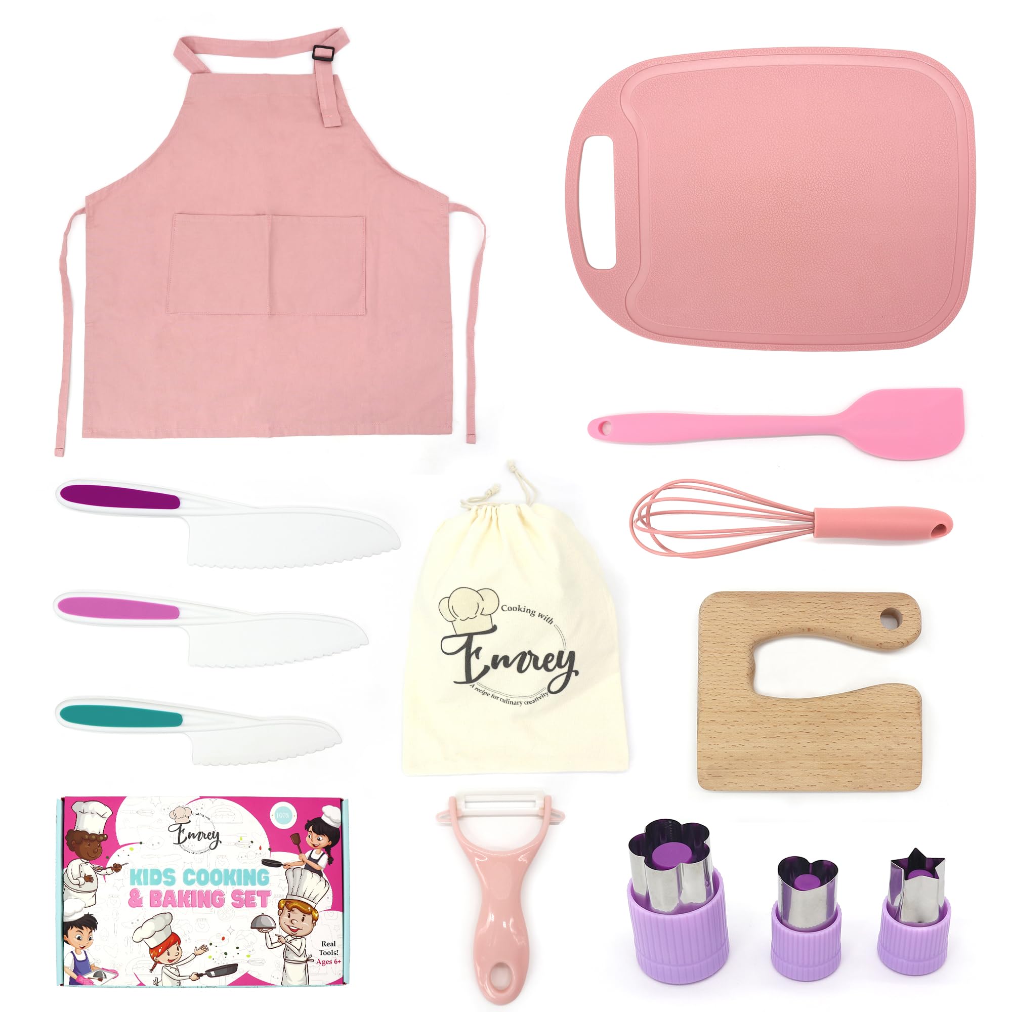 EMREY Montessori Kids Cooking & Baking Set - 13 Piece Set With Kids Knife, Cutting Board, Silicone Spatula, Whisk, Cookie Cutters, Apron & Toddler Kitchen