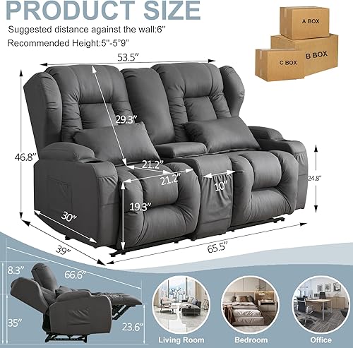 Miniatura 10 de SAMERY Sofá reclinable de 76.7 pulgadas, sofá biplaza reclinable doble con consola, asiento reclinable manual de cine en casa, juego de sofá de 23