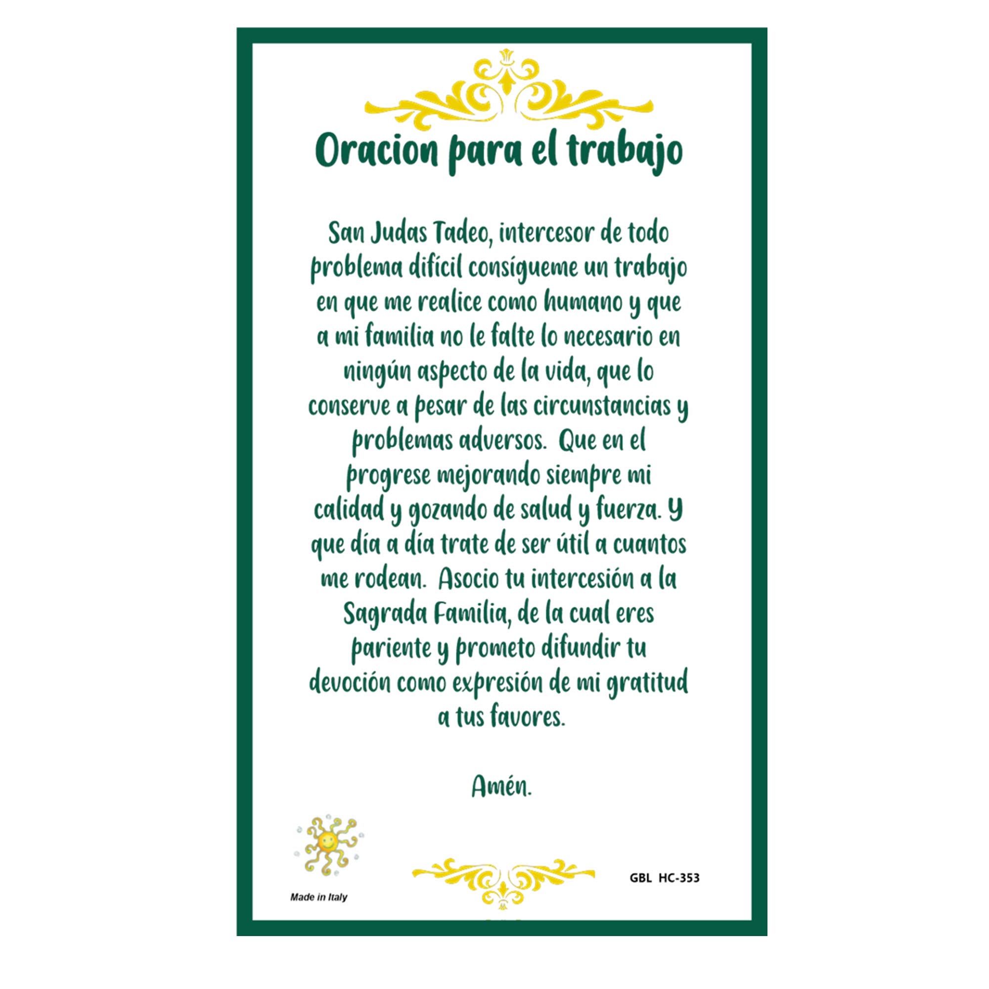 Oracion a San Judas Tadeo para Obtener Trabajo Tarjeta de Rezo Importada de Italia Laminada con Acentos en Oro