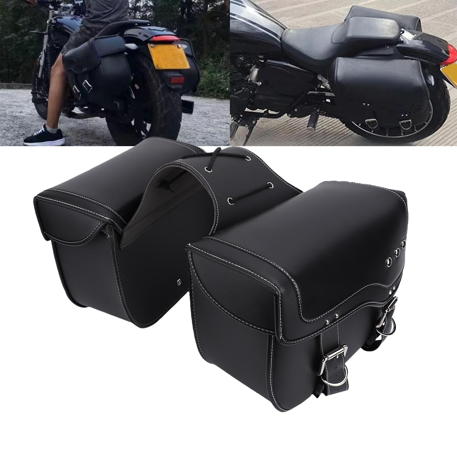 Vvikizy Sakwy Motocyklowe 30L Wodoodporna Skóra PU do Przechowywania, Stylowy Wygląd, Uniwersalne Akcesoria Motocyklowe, Czarne, Zestaw 2 szt.