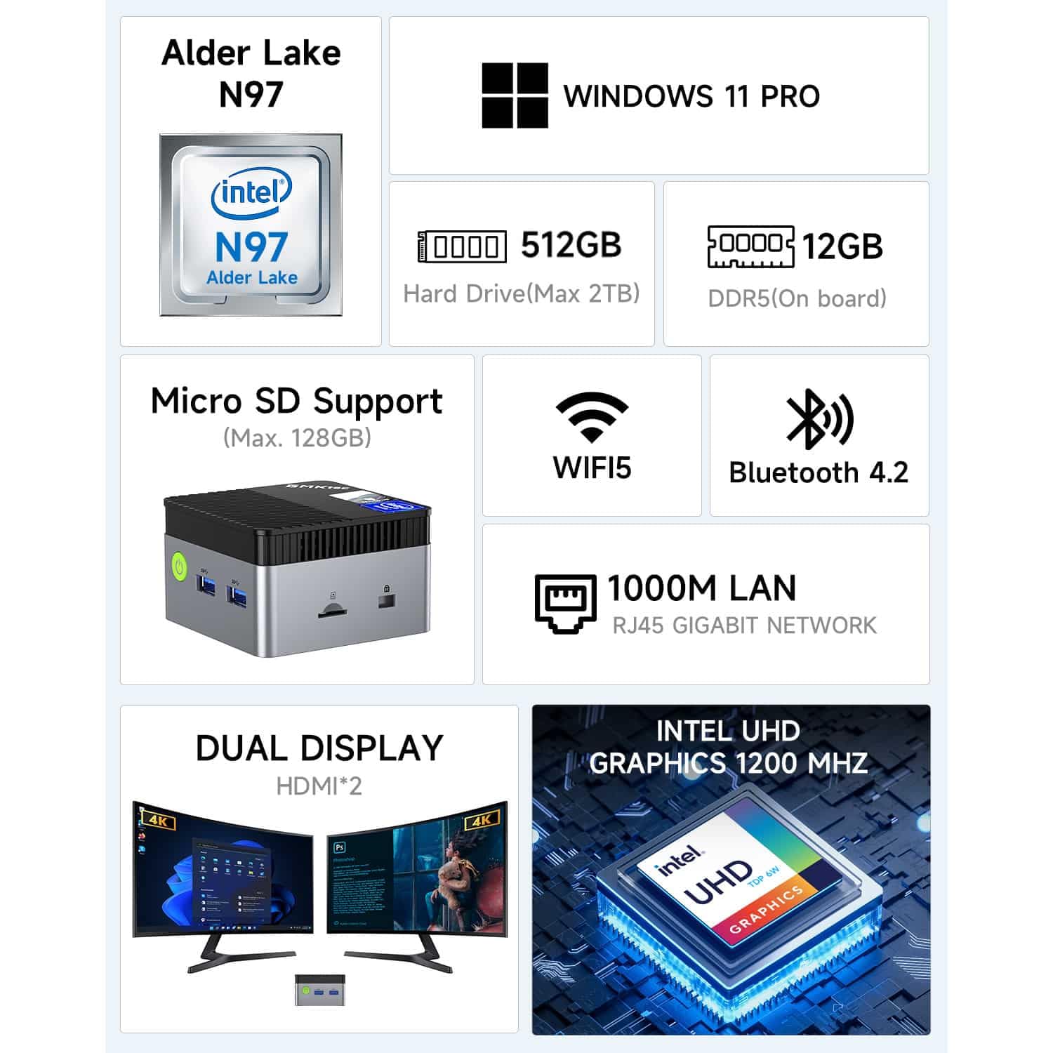 GMKTec NucBox G5 Mini PC, z Intel N97, 12GB LPDDR5, 512GB SSD, UHD