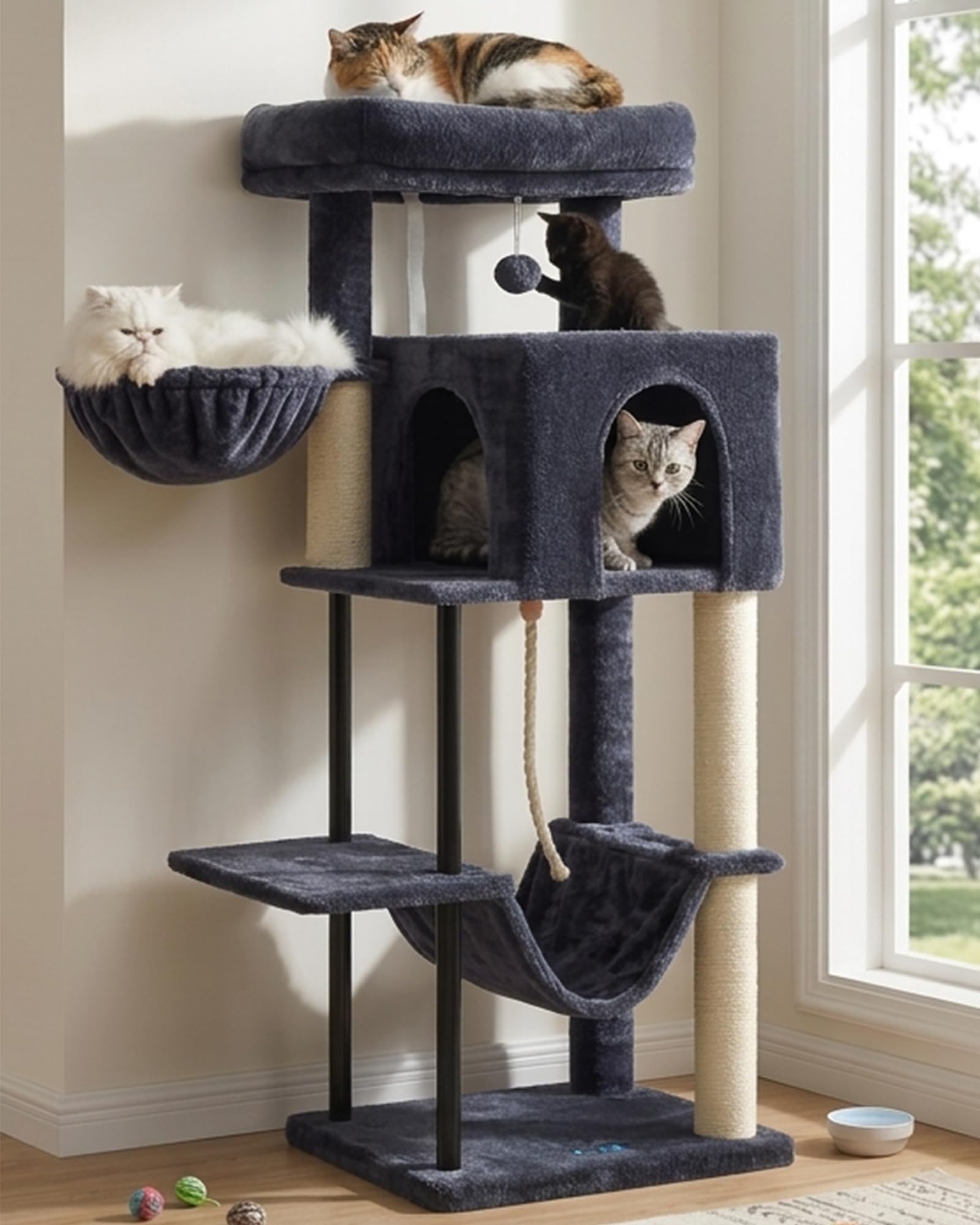 Gitelsnour Rascador para Gatos, Árbol para Gatos de Interior de 110 cm con Tubo de Acero Resistente, Hamaca, Rascadores, Gris Ahumado GCT004SG-2