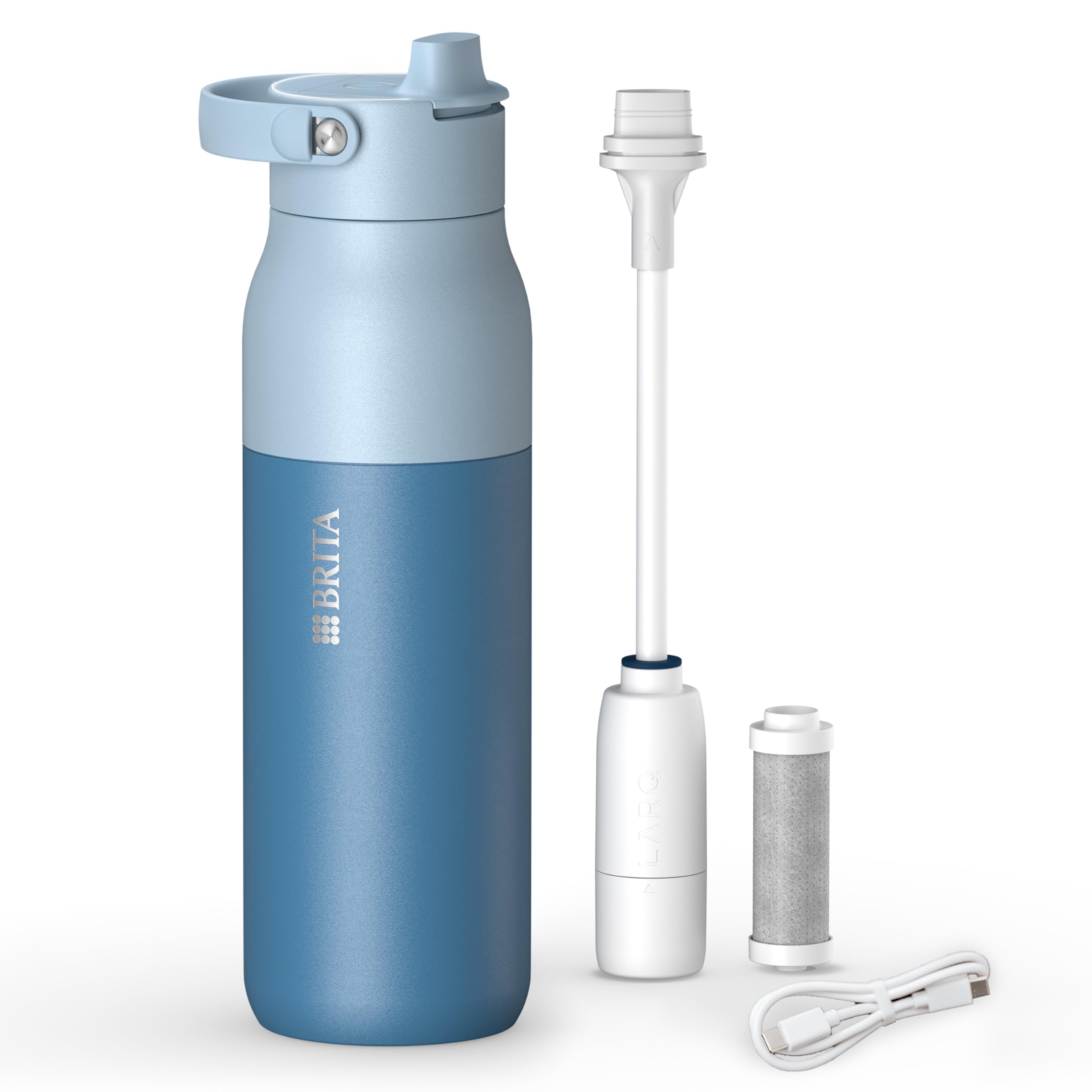 BRITA LARQ iQ Digitale Edelstahl Trinkflasche mit Wasserfilter (1000 ml) | Blau, Hydration Tracking (BRITA App), Strohhalm, Aktivkohle Filter, UV-C, neutralisiert 99,99% Bakterien, filtert PFAS