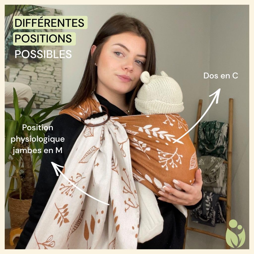 Naturioù - Ring Sling - Écharpe de Portage Sans Noeud Jacquard - 100% Coton - Motif Réversible - Botanie Caramel