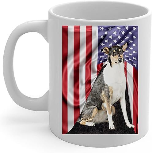 Lovesout Taza de café con diseño temático americano con diseño tricolor liso Collie, taza de té de cerámica blanca de 11 onzas, regalos para