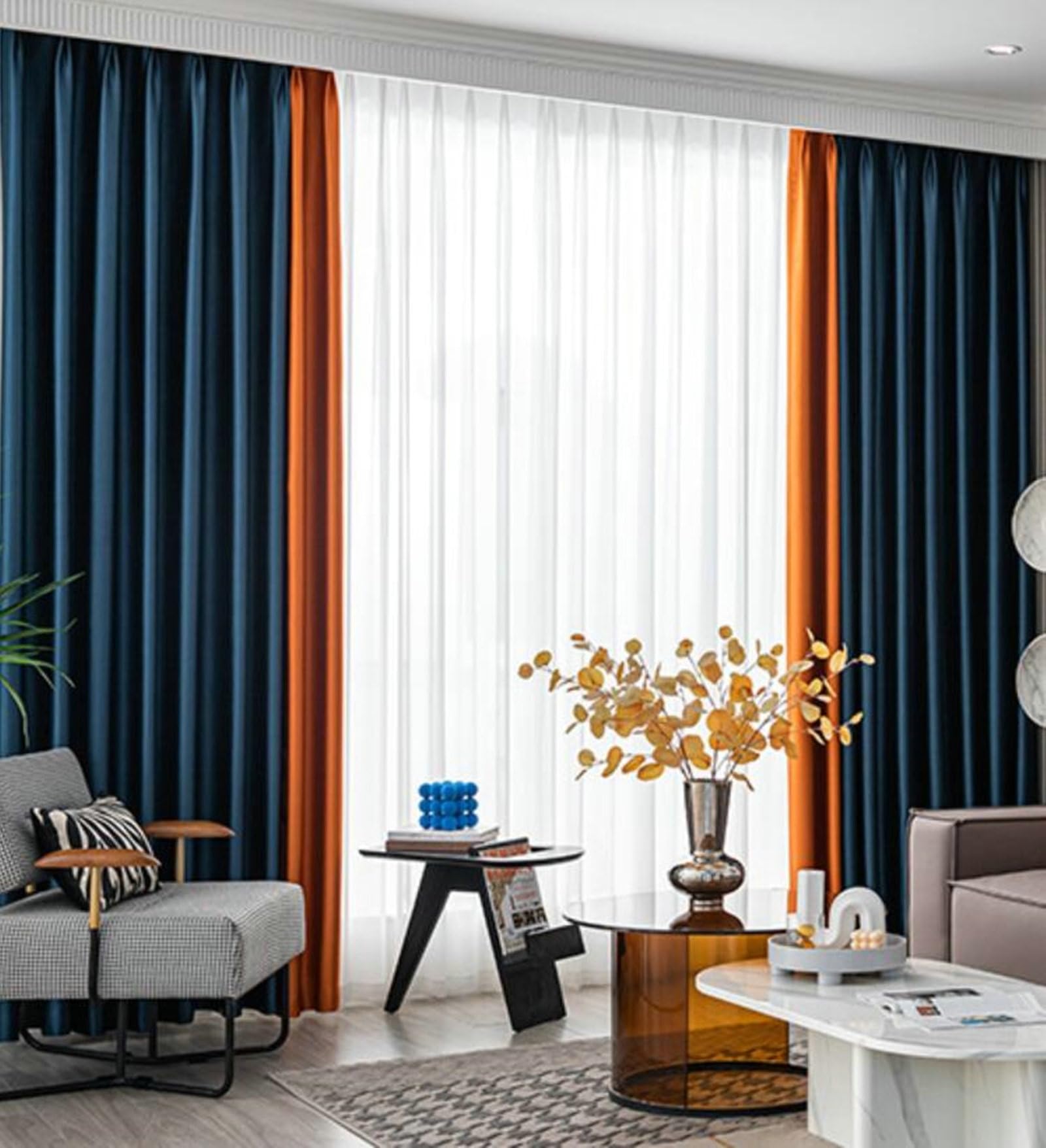Rideaux en polyester pour chambre à coucher Patchwork bicolore bleu foncé à œillets, 86 x 213 cm - 2 pièces