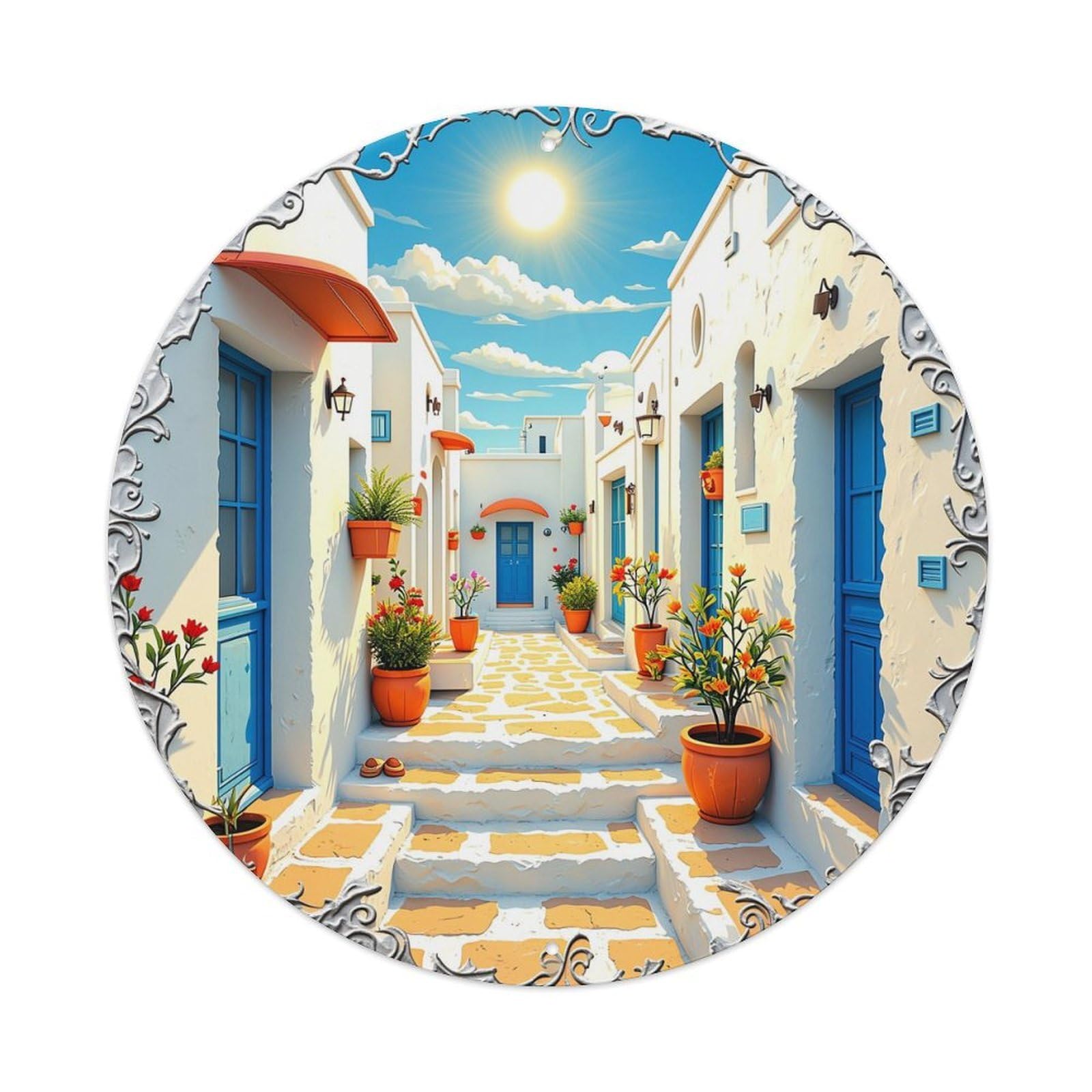 Jdyaojiesheng Vintage Mediterranean Street Scene With Pots Round Tin Sign Retro Metal Wall Decor Metal Poster, Home Bar Garage Farmhouse Cafe Wall Art Decoration 8X8inch