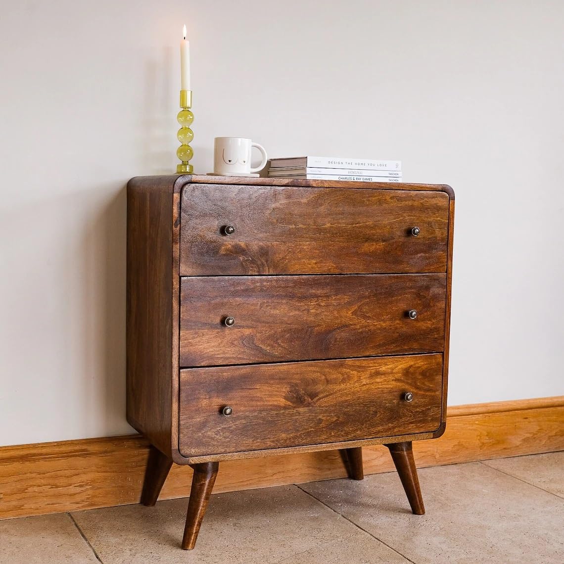 Solid Sheesham Wood Side Board & 3 Drawer | Wooden Cabinet with Storage for Kitchen and Home Living Room Furniture (Dark Honey)-image-6