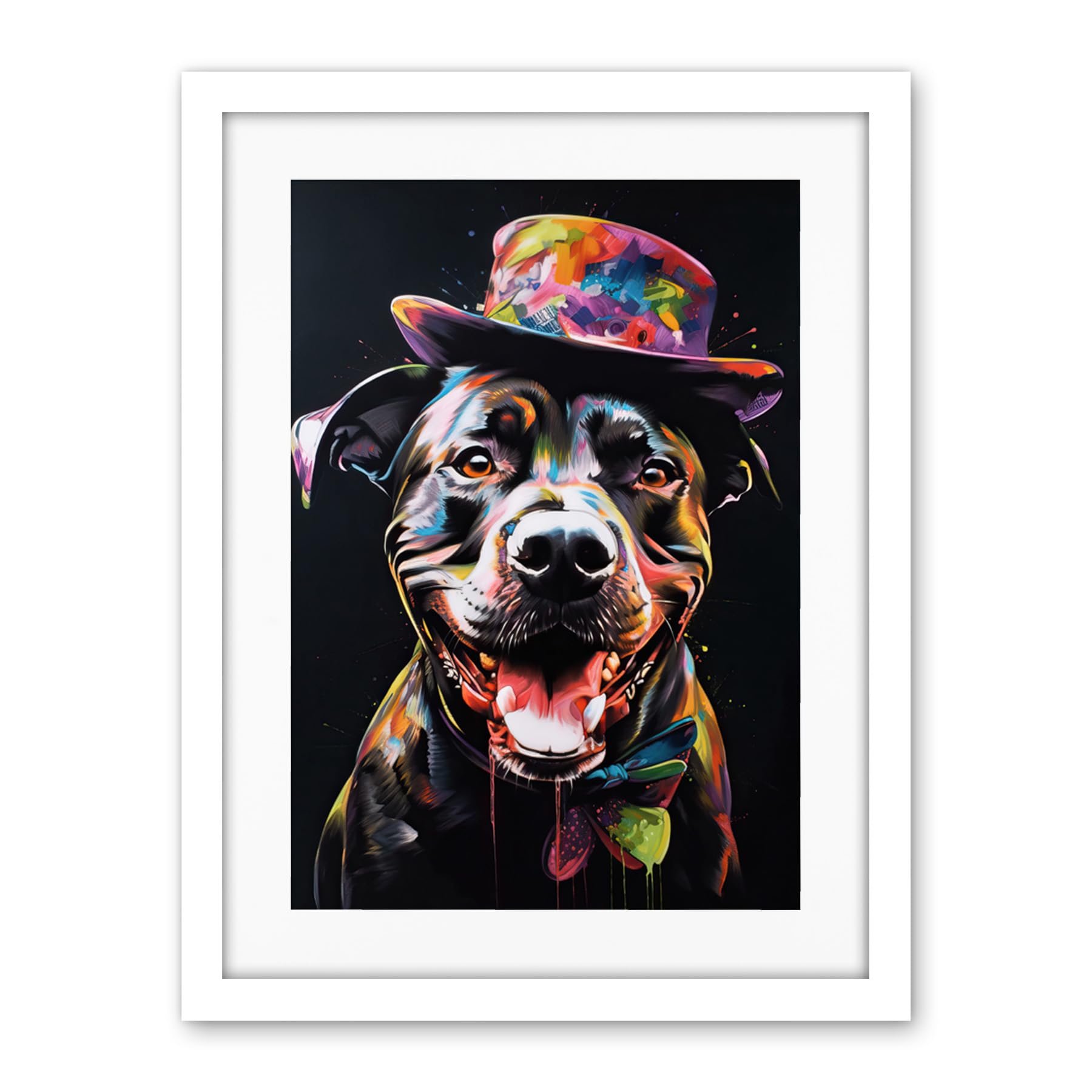 Artery8 Rottweiler in Bow Tie and Multicoloured Top Hat Artwork Framed Wall Art Print 18X24 Inch