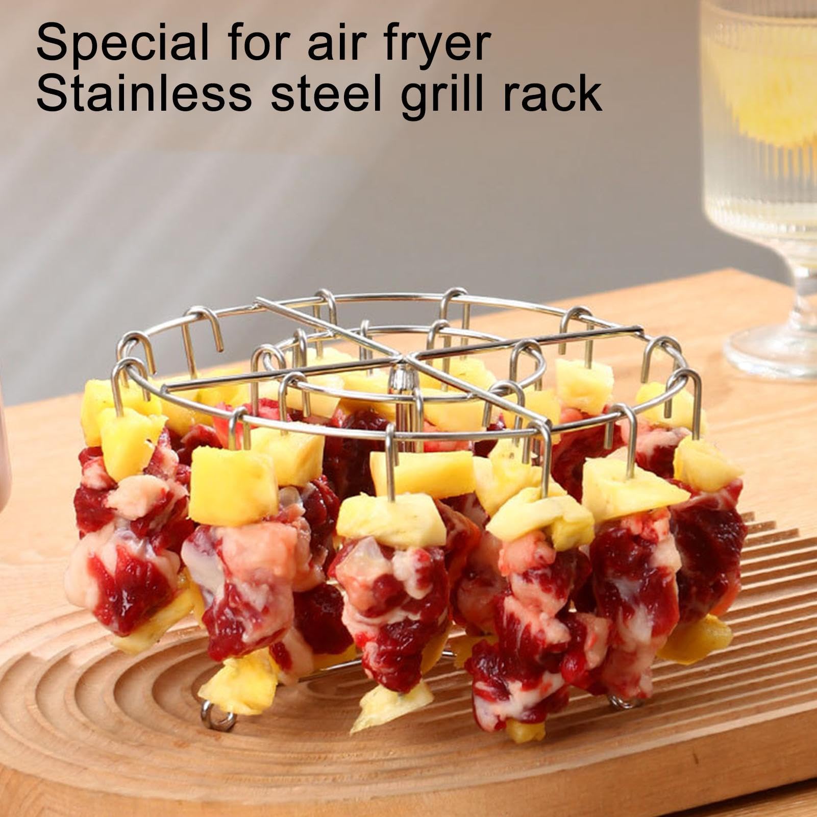 Air Fryer Rack, Stainless Meat Holder, Vertical Cooking Skewer Stand, Grilling Accessory, 6.3x3.94 Inches, Rotating Tool for Chicken Bacon and Home Food Preparation