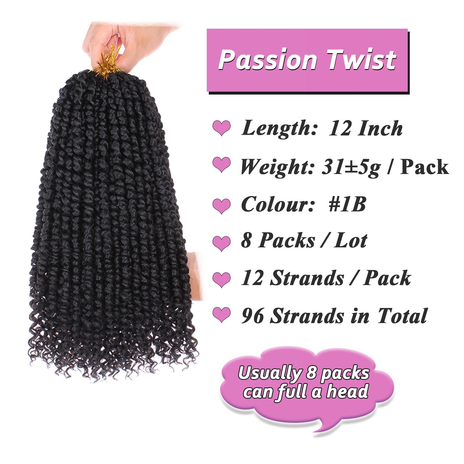Samtress 12 Inch Pretwisted Passion Twist Hair 8 Packs Natural Black Pre Looped Passion Twist Crochet Hair Water Wave Crochet Braids Synthetic Short Curly Braiding Hair Extensions for Women (#1B) - Image 2
