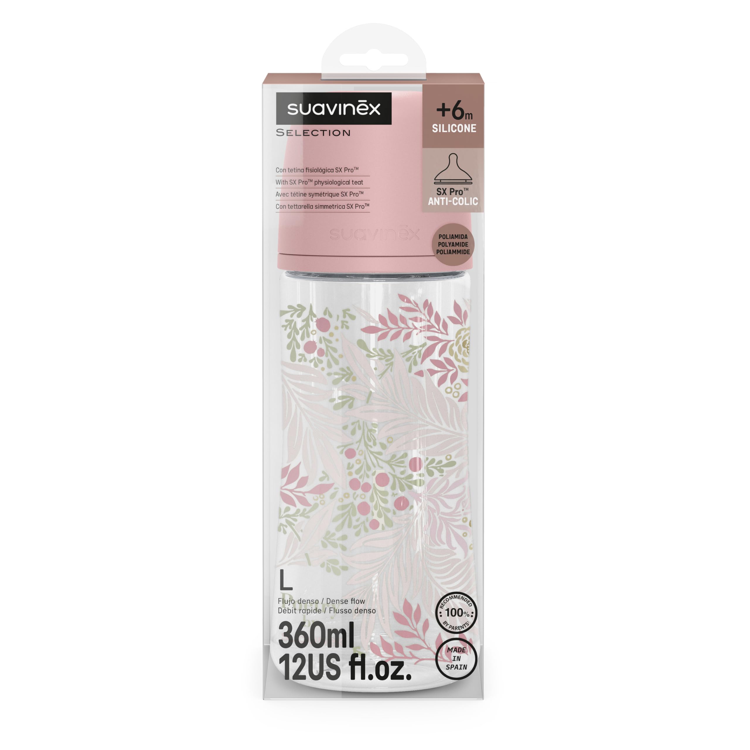 Suavinex, biberon da 360 ml, con tettarella fisiologica SX Pro in silicone, valvola anticolica, flusso denso (L), per liquidi a densità densa, adatto per pappe liquide. Neonati +6 mesi, Poetry, rosa