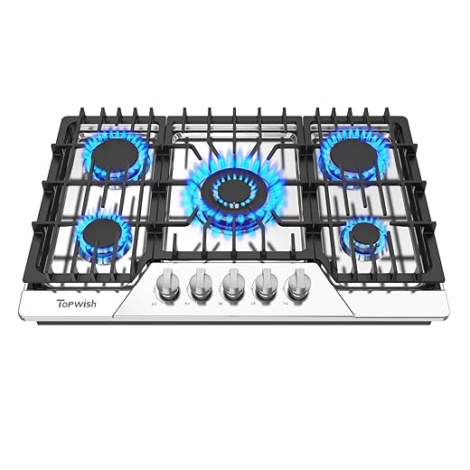30 Inch Gas Cooktop, TOPWISH Gas Stove Top with 5 High Efficiency SABAF Burners, 41400 BTU, NG/LPG Convertible 304 Stainless Steel Built-in Propane Stovetop with Thermocouple Protection, 120V AC