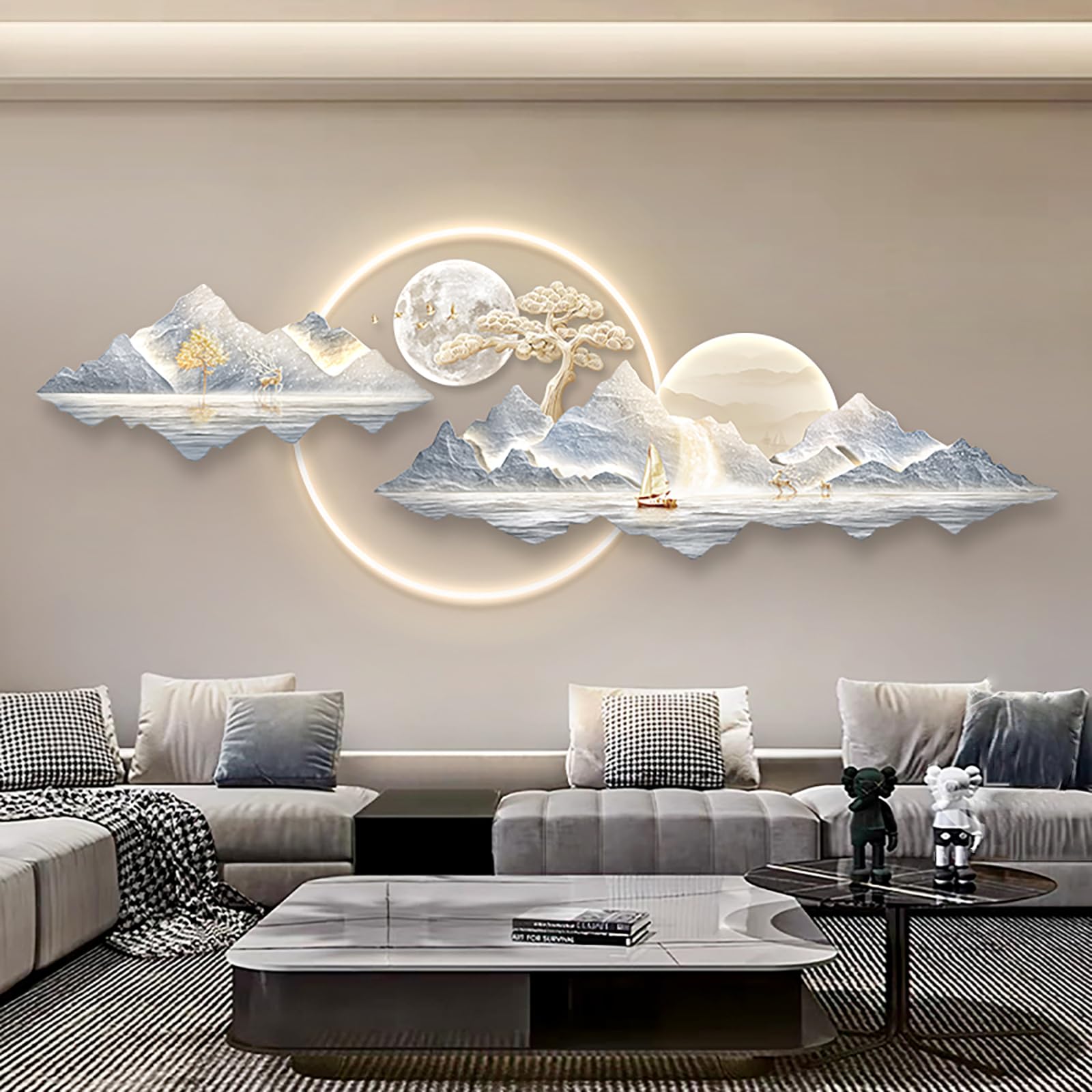 3D Wall Art Decoration, Large Wall Sculpture Painting with Led Light, Creative Landscape Hanging Picture for Entrance Hallway Bedroom Home Decor