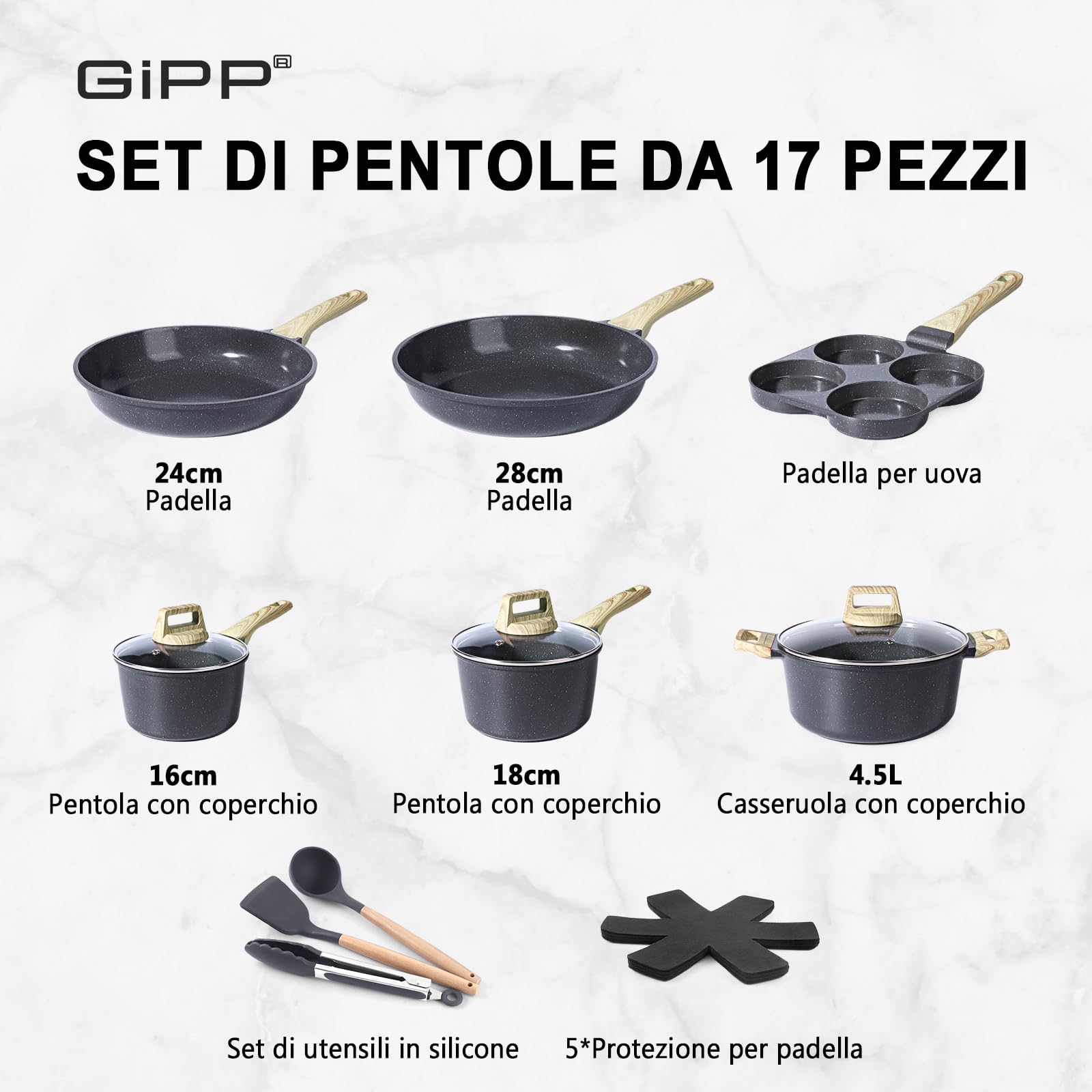 GiPP 17 PCS Set Di Pentole Da Cucina Da Con Coperchi, Pentole E Padelle Antiaderenti In Ceramica, Set Di Pentole Per Piani Cottura A Induzione, Compatibili Con Tutti I Piani Cottura, Grigio