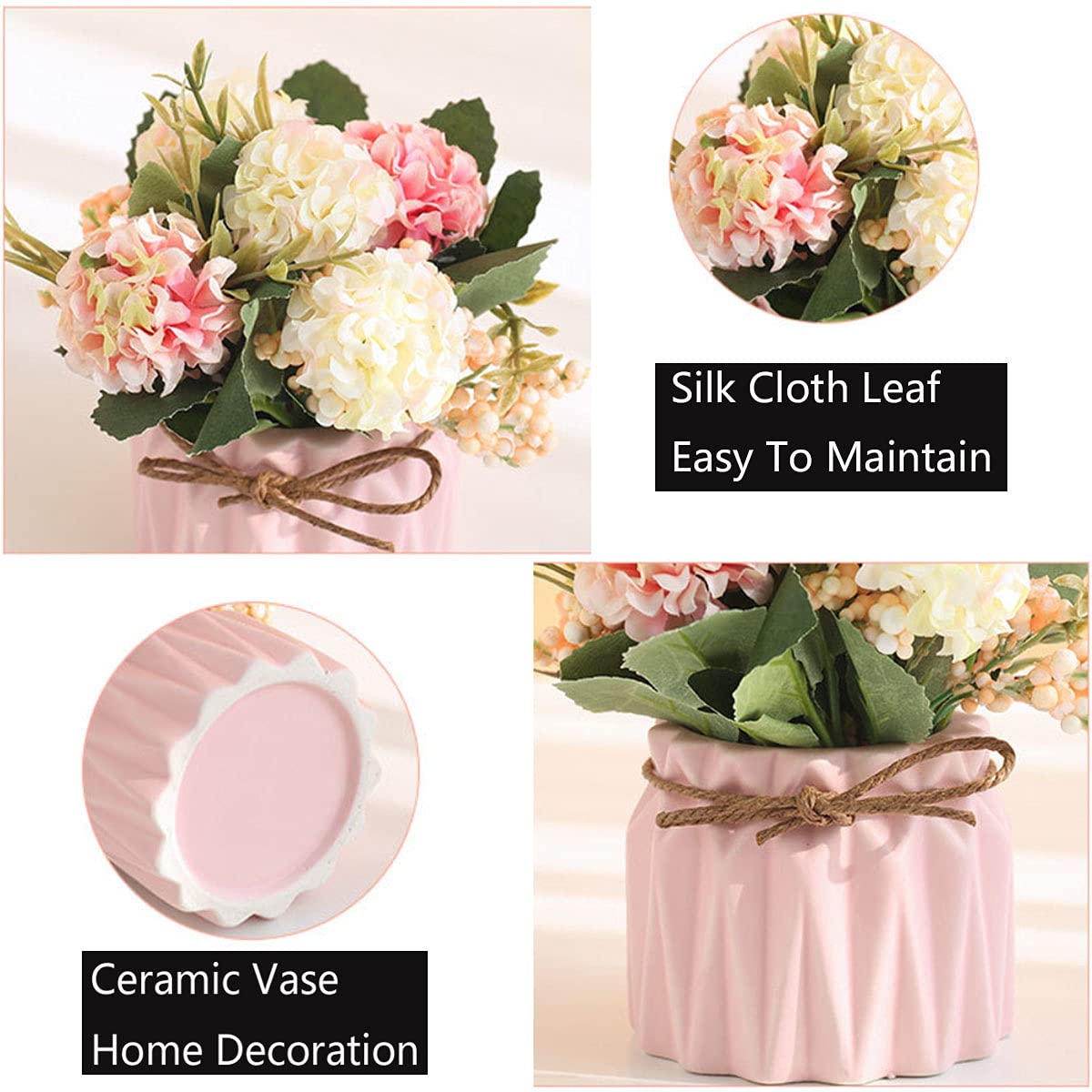 2PCS Künstliche Blumen im Topf Kunstblumen Pflanzen zur Dekoration Hortensien Seidenblumen Blumensträuße mit Keramikvase Kunstpflanze deko für Home Party Büro Hochzeit Tischdekoration