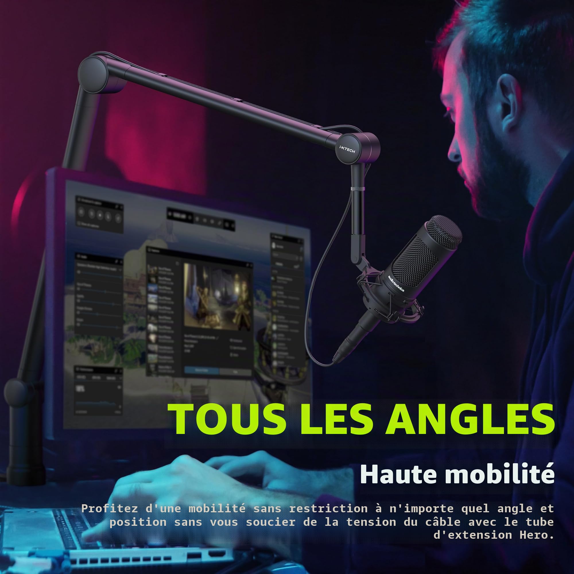 IXTECH Support de micro avec tube d'extension amélioré pour Shure SM7B MV7 Blue Yeti - Bras de microphone robuste en acier inoxydable - Support de bureau pliable pour podcast et jeux