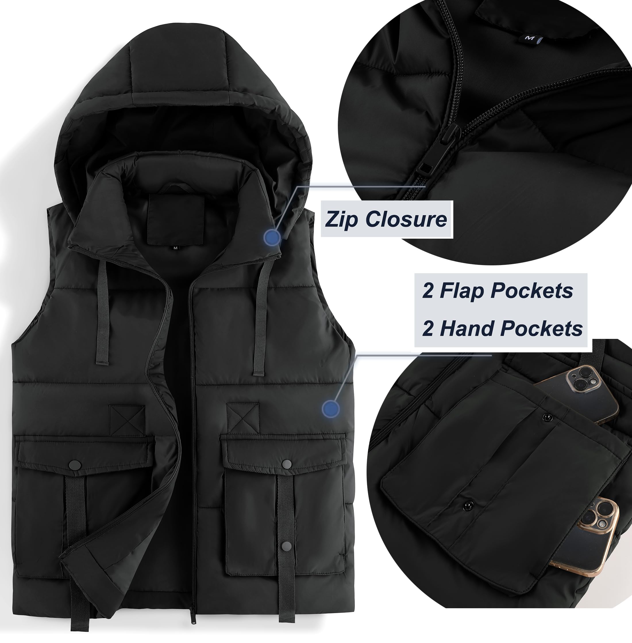 ZITY Herren-Oberbekleidung, warm, gesteppt, Pufferweste, gepolsterte Weste, Kapuzenjacke, ärmellos, mit Taschen, für Arbeit, Golf, Wandern, Angeln