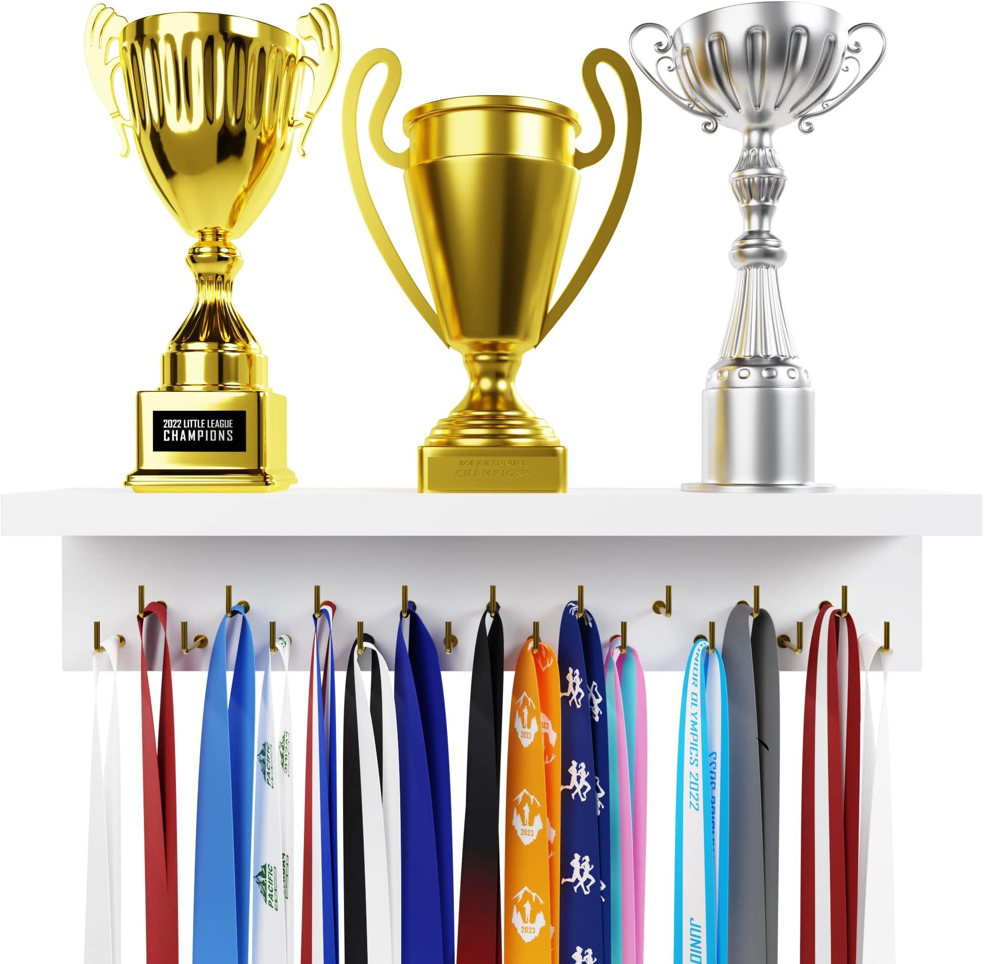 EVERMORE Medal Hanger Display Shelf with Hooks - Wooden Holder for Wall Mount Ribbon/Trophy Display Shelf for Gymnastics, Soccer, Running Race Medals Awards Rack (White)