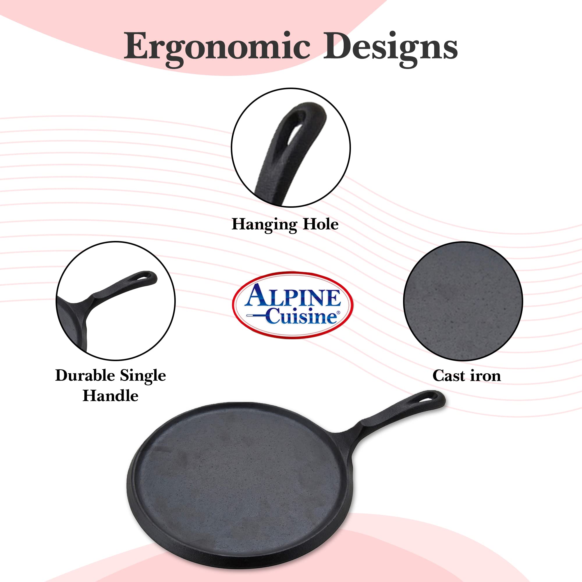 Alpine Cuisine Round Comal Cast Iron 10 Inch Seasoned Coating Black with Durable Single Handle – Comfortable Comal For Cooking, Even Heating & Versatile Kitchen Cookware Color Sleeve Bag Packing