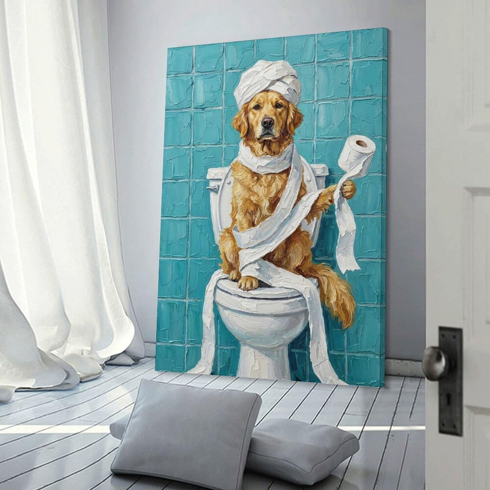 Junmoney Frame-Style-5-1 Decorative Canvas Print Golden Retriever On Toilet With Toilet Paper, 08X12inch(20X30cm), For Home Office, Desk Area Or Studio, Home Office Artwork With Decorative Appeal