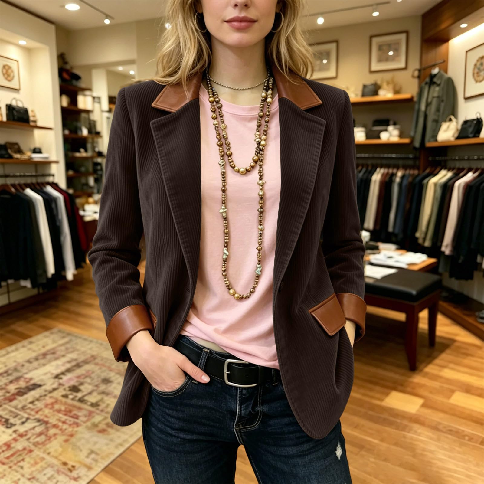 Blazer Damen Elegant Cord Anzugjacke Business Revers Cordjacke Longblazer