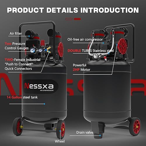 Miniatura 4 de Compresor de aire ultra silencioso de 14 galones con 2 acopladores rápidos 2HP 8.75 CFM, tanque de compresor de aire sin aceite a presión máxima de