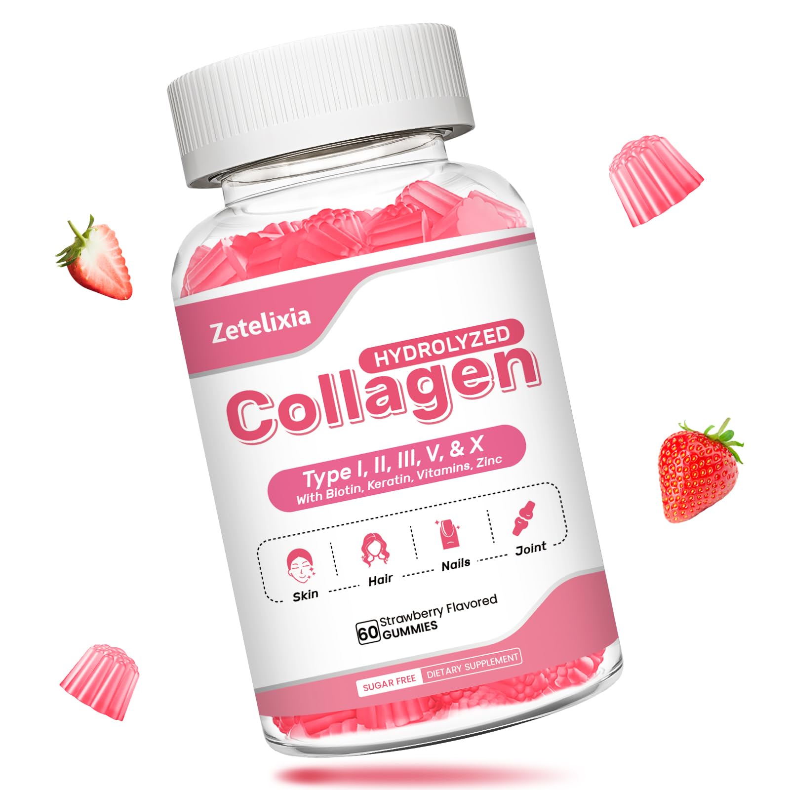 Collagen Gummies for Women Men Hydrolyzed Collagen Peptide Type I II III V X with Biotin Vitamin C