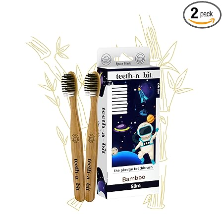 teeth-a-bit The Pledge Toothbrush Kids (5-8 Years) Slim Handle with Gum Sensitive Soft Bristles Pack of 2 Kids Bamboo Toothbrushes (Space Black)