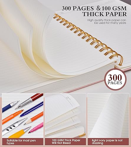 Miniatura 4 de Cuaderno de espiral de 8.5 x 11 pulgadas, 300 páginas de tapa dura con forro de cuero para mujeres y hombres, cuadernos A4 grandes a rayas