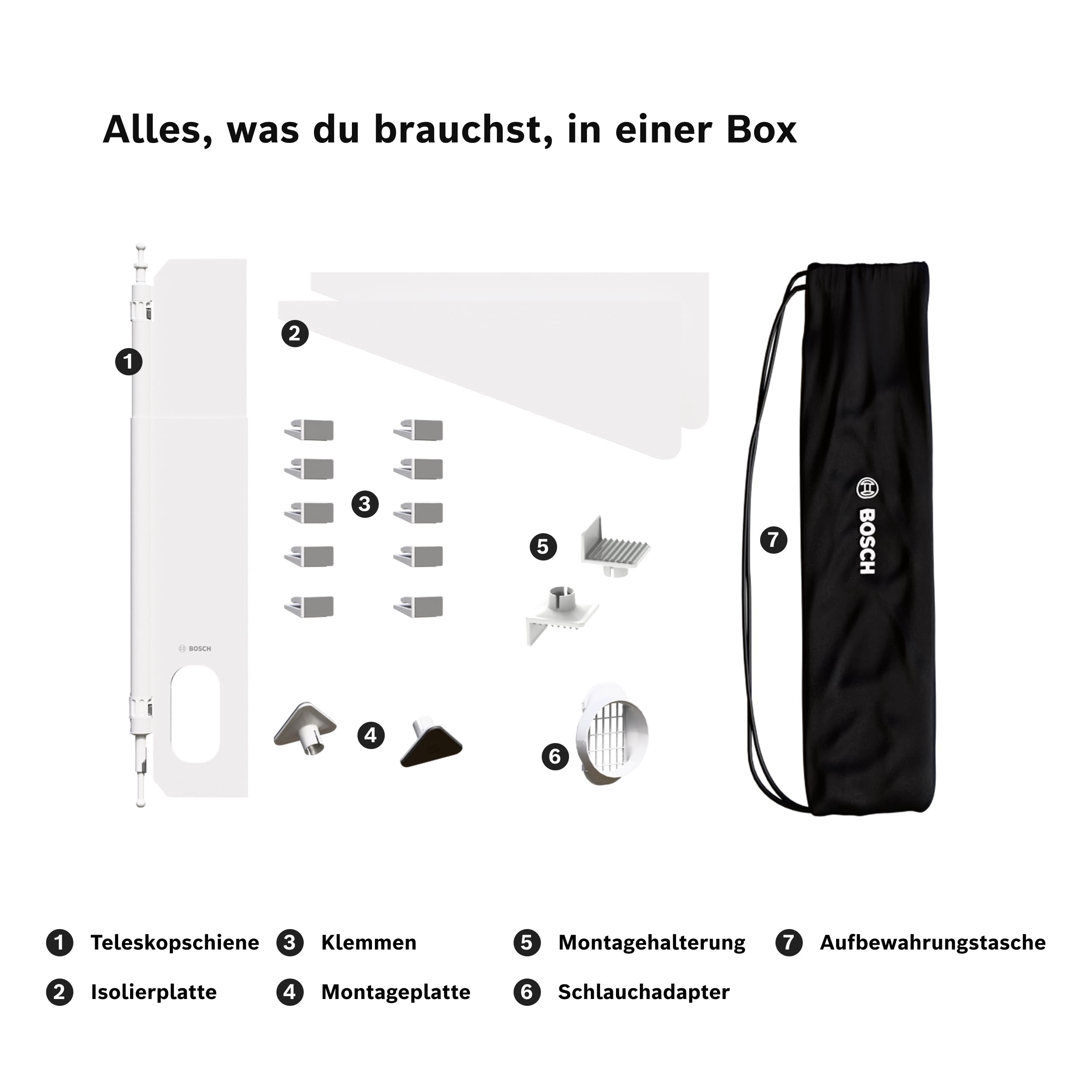 Bosch Fenster-Kit für Mobile Klimageräte - Für Dreh-Kipp-Fenster, Größenverstellbar 90-137 cm, Werkzeuglose Montage, Adapter für 15 cm Abluftschlauch, Inklusive Zubehör und Aufbewahrungstasche