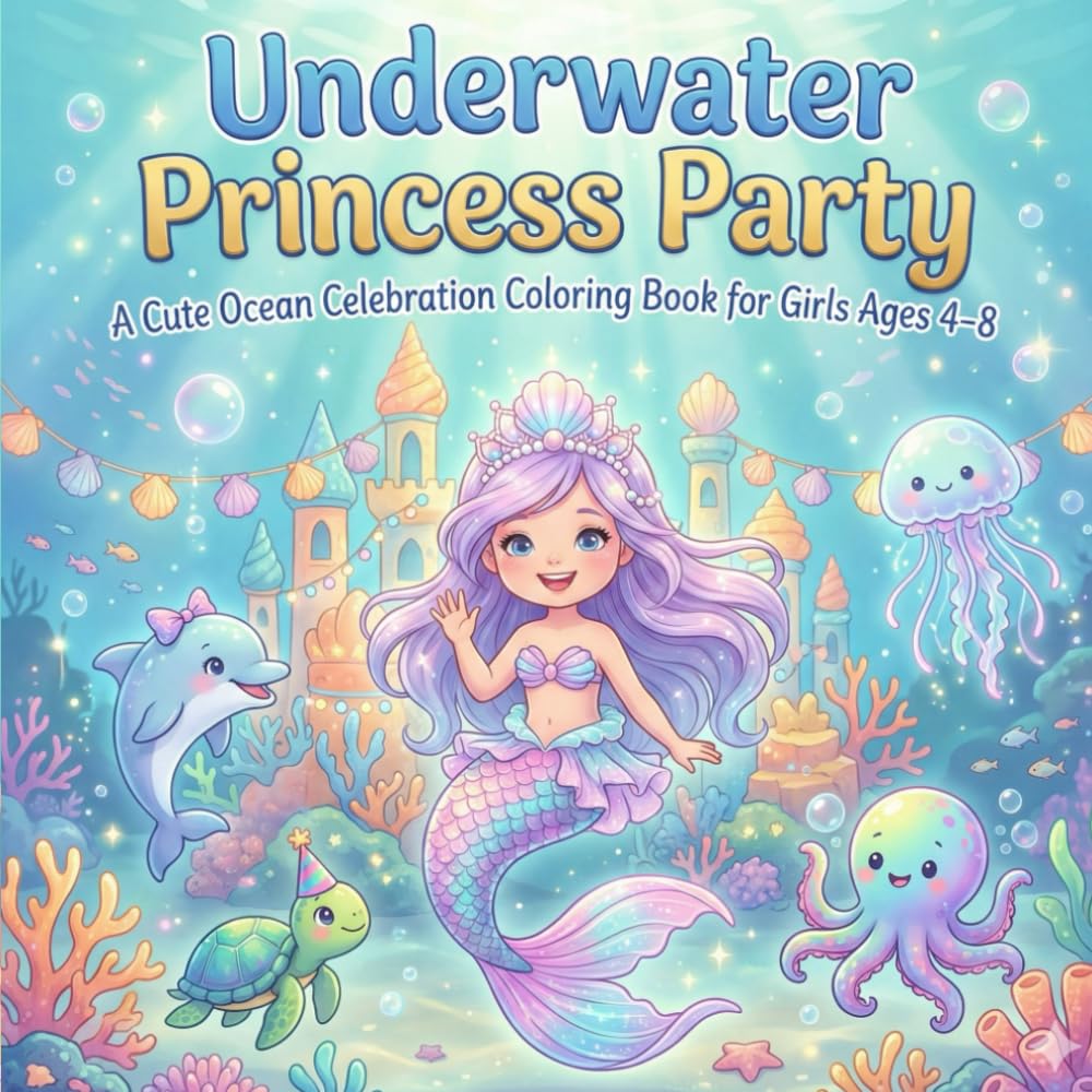 Underwater Princess Party Coloring Book: Cute & Easy Ocean Mermaid Celebration Pages for Girls Ages 4–8 | Bold Simple Designs with Fun Activities