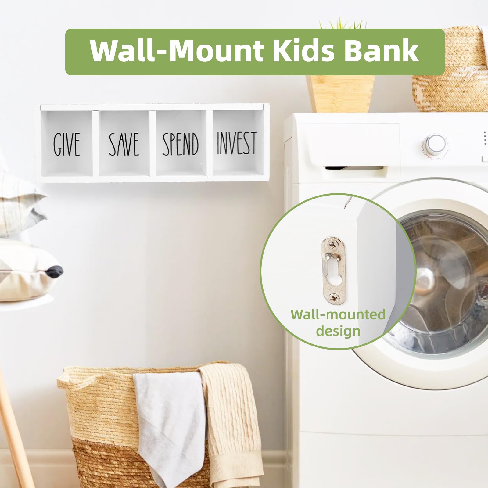 Tirelire en bois pour enfants, dépenses, économiser, donner et investir de l'argent visualisée pour pièces de monnaie et argent liquide pour enfants, garçons, filles, adultes (comptoir et
