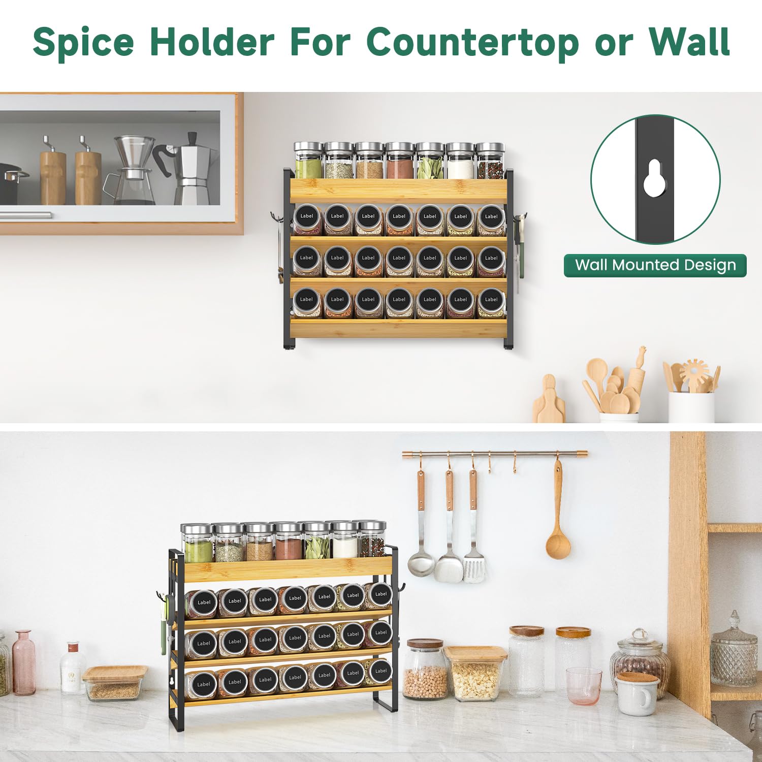 EsLuker.ly Gewürzregal Gewürz Holz Organizer Gewürzorganizer, 4-stufiges Bambus Spice Rack Organizer Gewürzregale Gewürzständer Gewürzhalter Gewurzregalsystem Stehend & Wand für Küchen Speisekammer