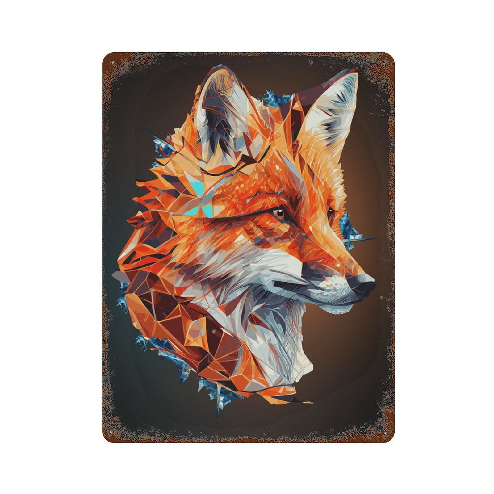Rust Effect Geometric Fox Abstract Art Rustic Tin Plaque 15.7"x11.8", Shabby Chic Decor for Basement, Hobby Room And Garage Decor