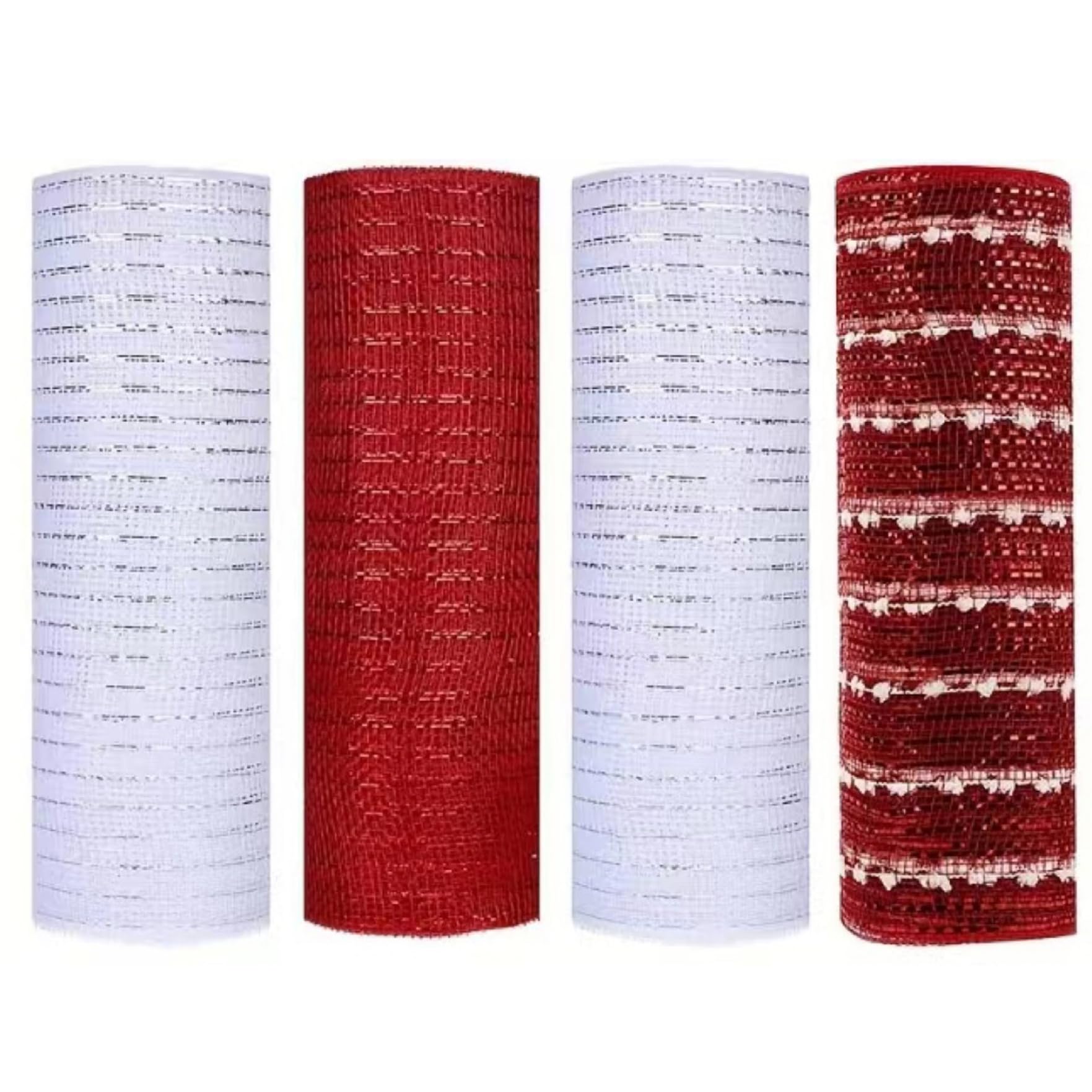 Hperu 4 Rolls Deco Mesh 10 Inch Rolls 10 Yard Red White Metallic Foil Poly Mesh Ribbon for Wreaths Christmas Tree Swags Craft Winter Holiday Party Decor - Ribbon